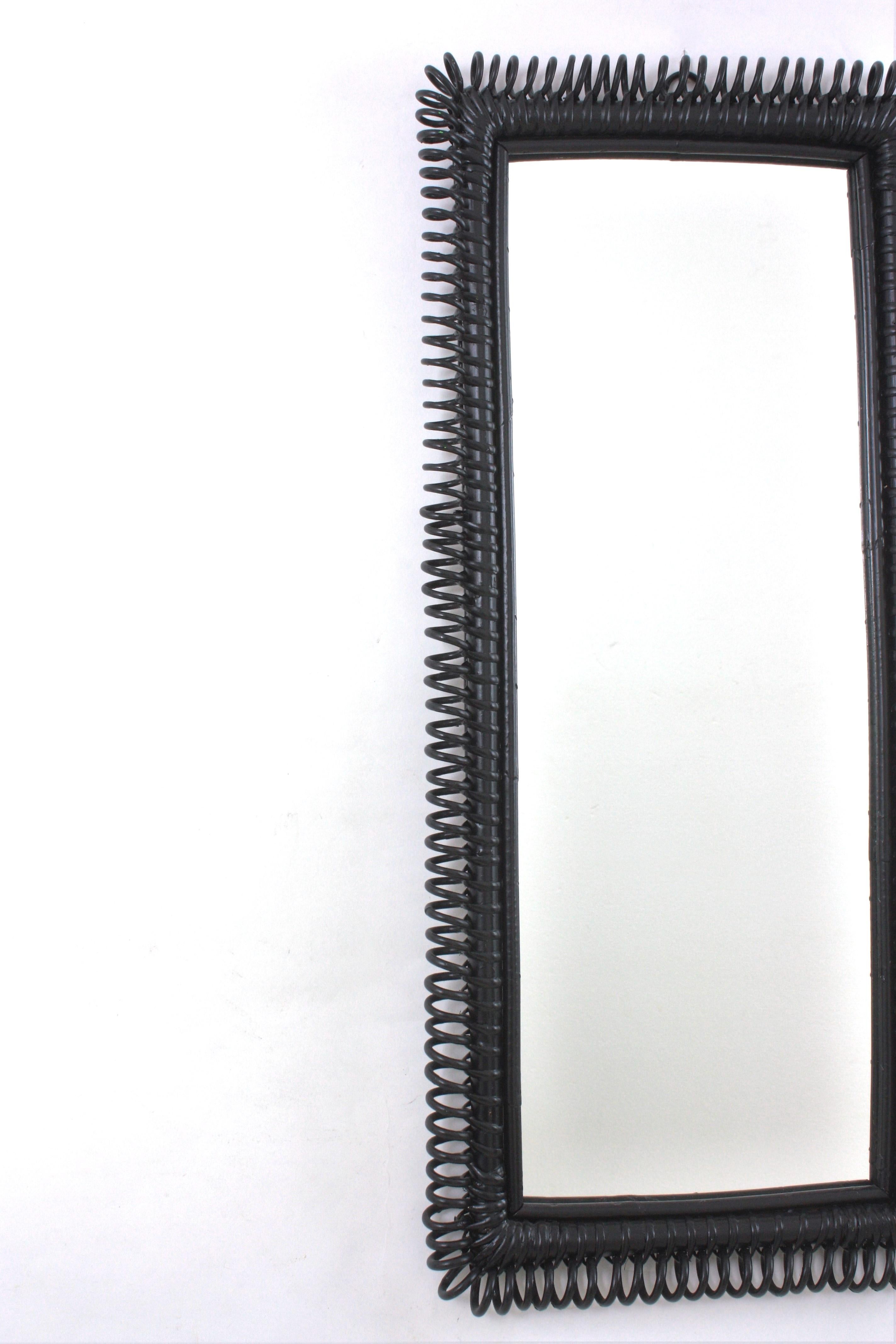 Bamboo Italian Riviera Franco Albini Rattan Wall Mirror, Black Patina, Loop Design For Sale