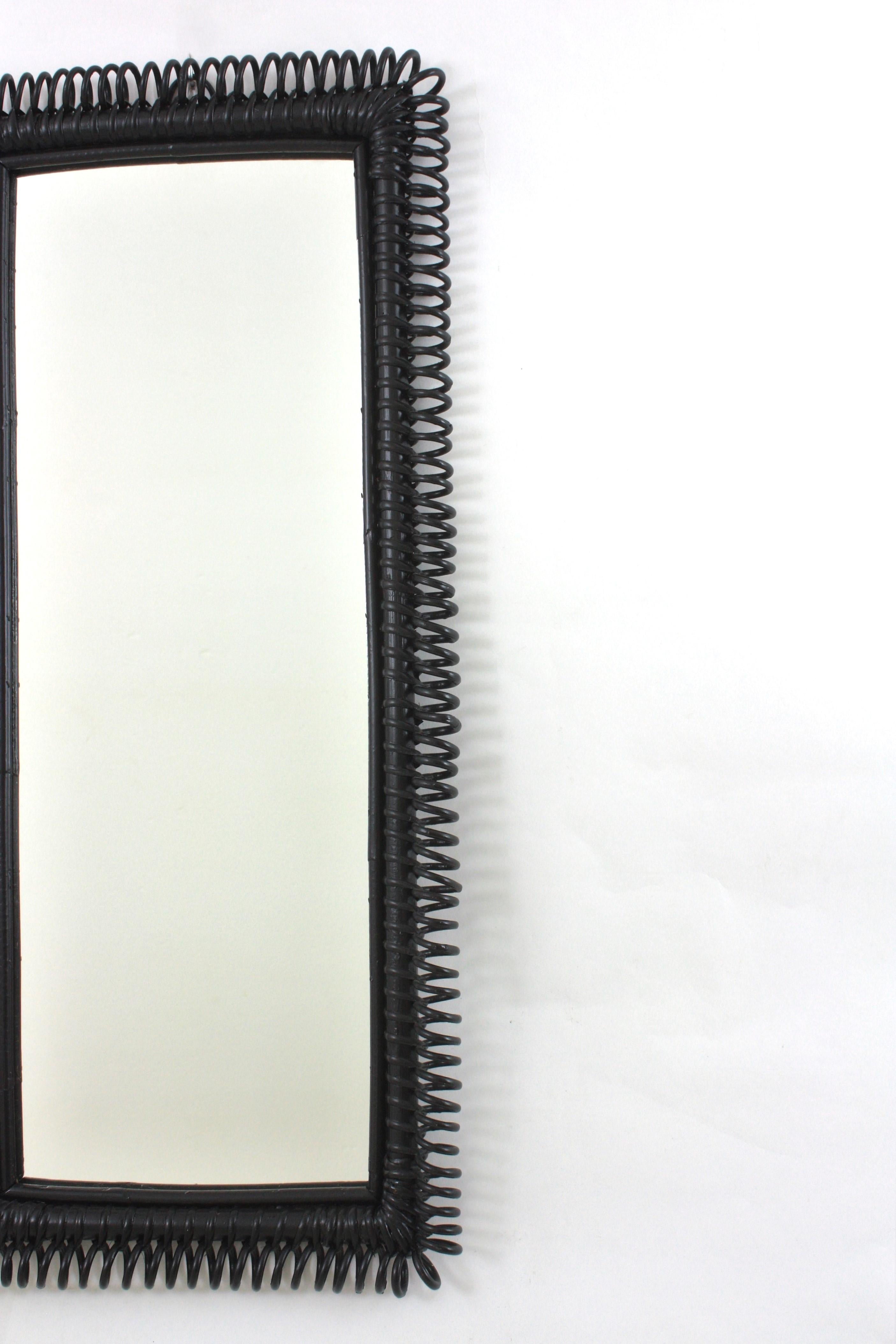 Italian Riviera Franco Albini Rattan Wall Mirror, Black Patina, Loop Design For Sale 1