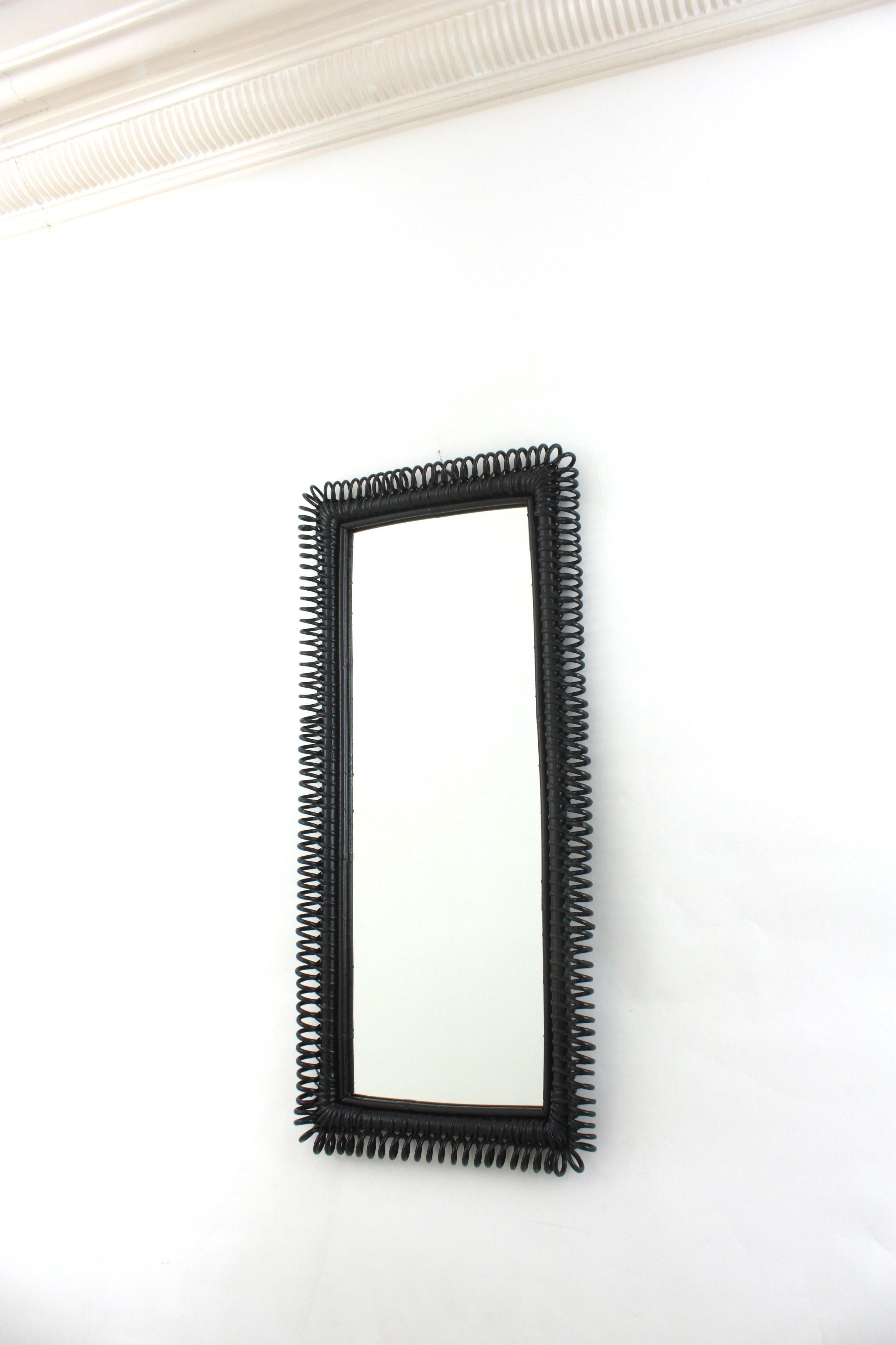 Italian Riviera Franco Albini Rattan Wall Mirror, Black Patina, Loop Design For Sale 2