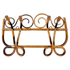 Italian Riviera Mid-20th Century Modern Cane, Rattan & Bamboo Wall Coat Rack