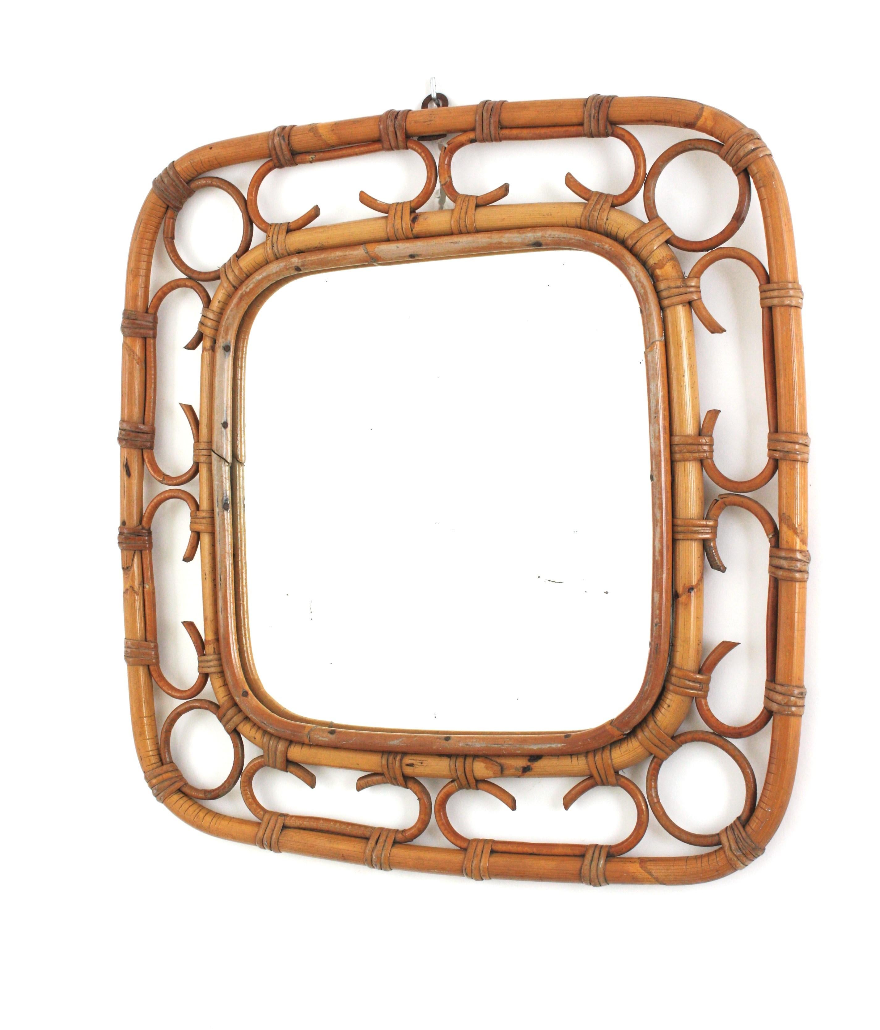 Specchio quadrato in rattan Riviera, anni '60 in vendita 3