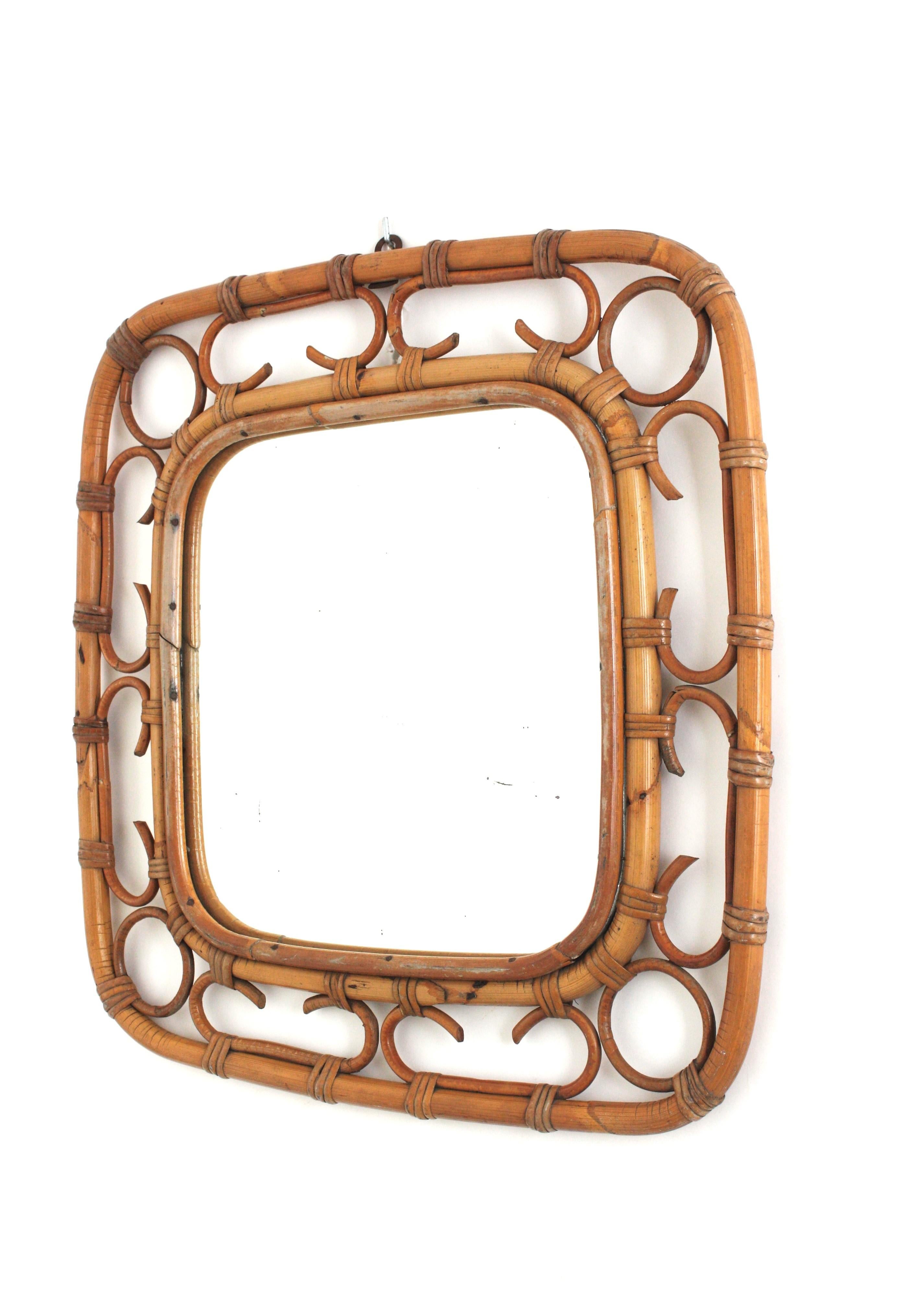 Specchio quadrato in rattan Riviera, anni '60 in vendita 4