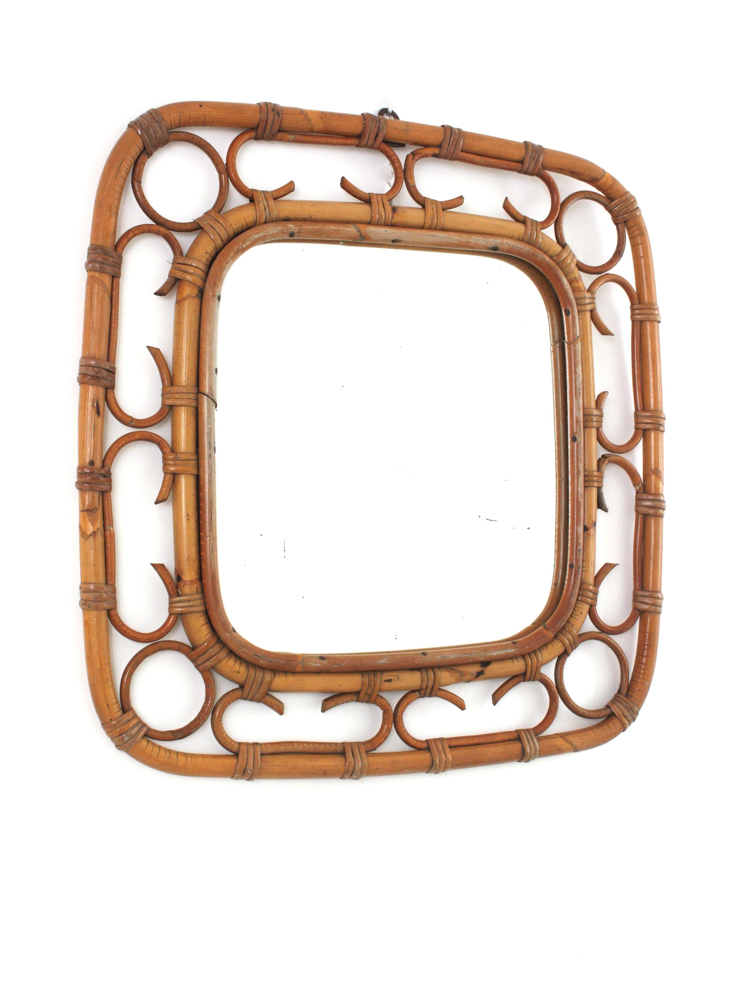 Mid-Century moderno Specchio quadrato in rattan Riviera, anni '60 in vendita
