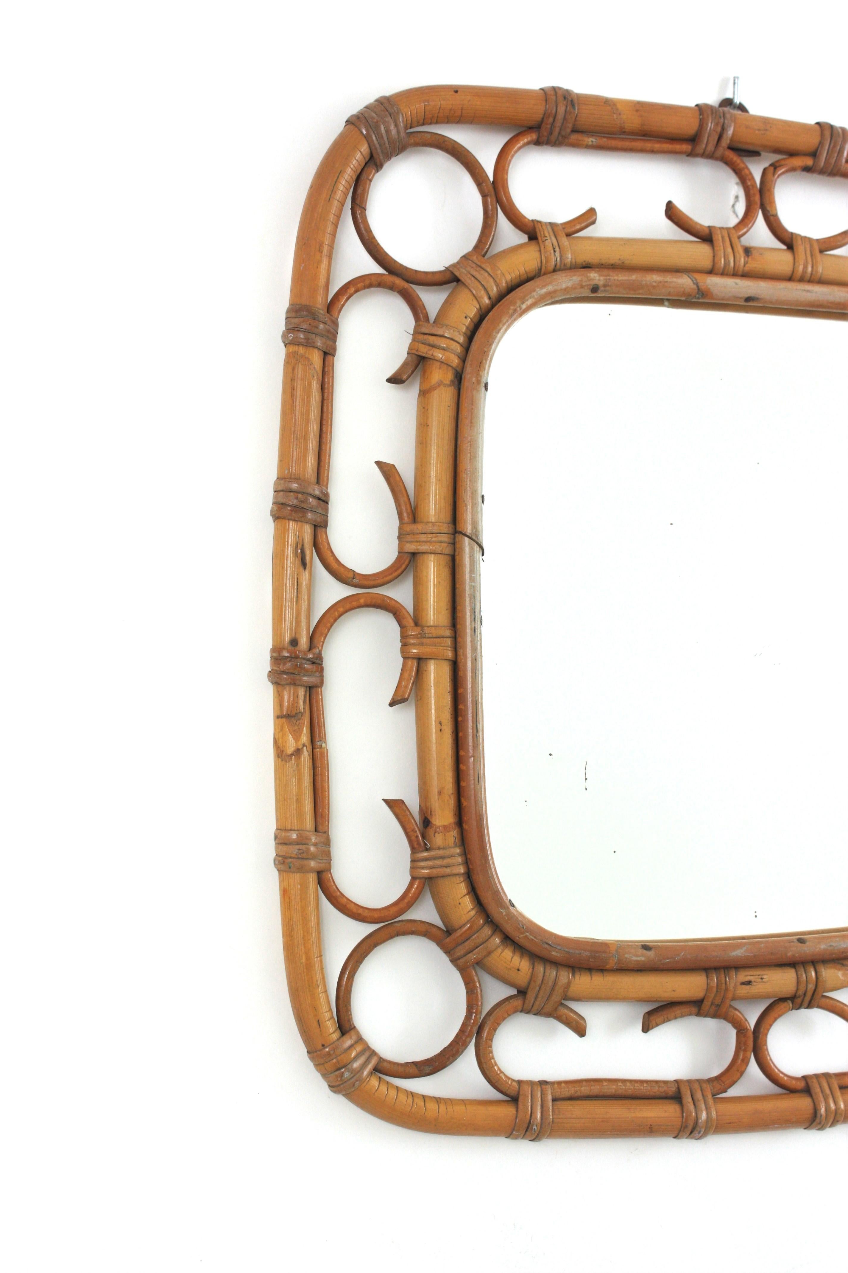 Fatto a mano Specchio quadrato in rattan Riviera, anni '60 in vendita