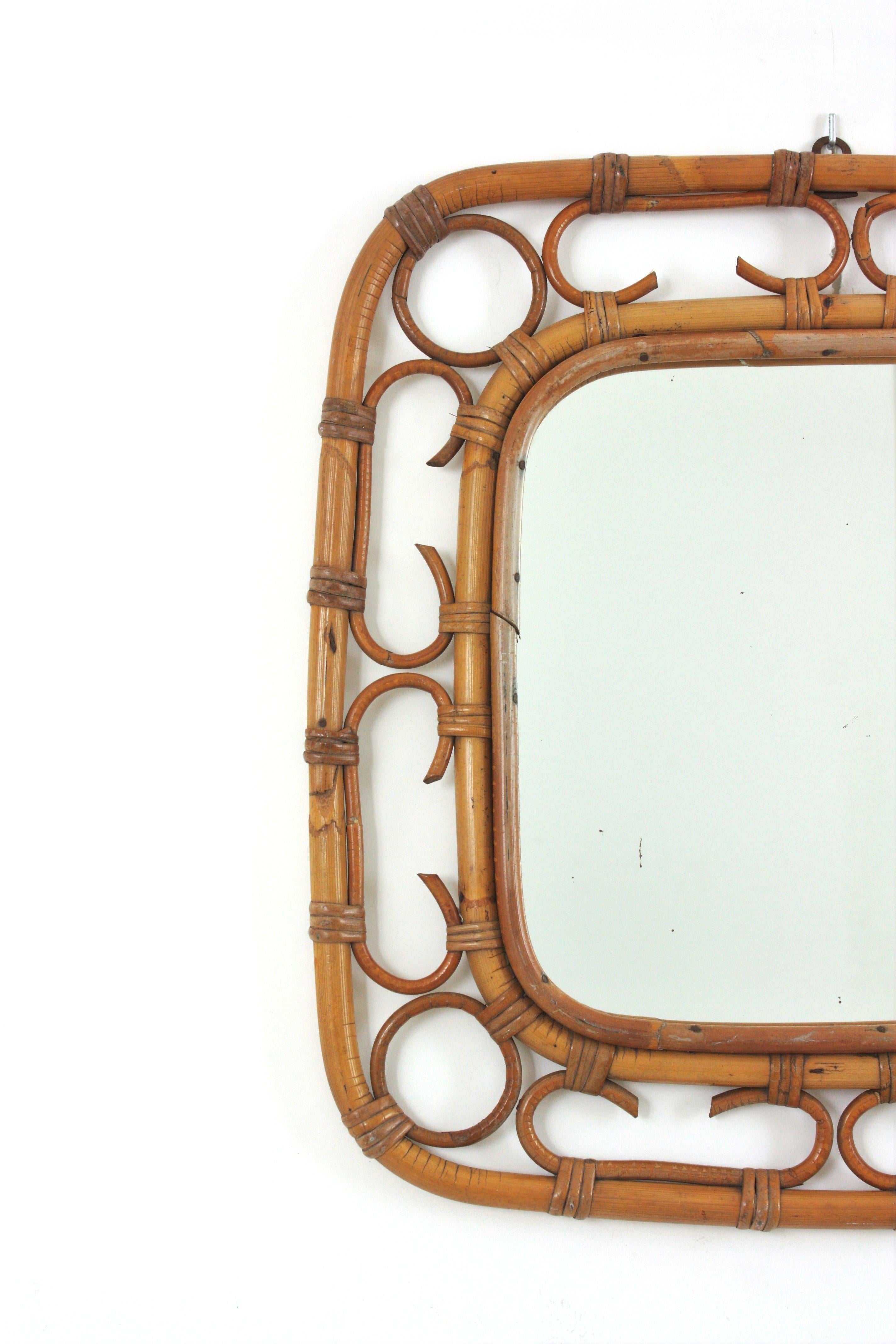 Specchio quadrato in rattan Riviera, anni '60 In condizioni buone in vendita a Barcelona, ES