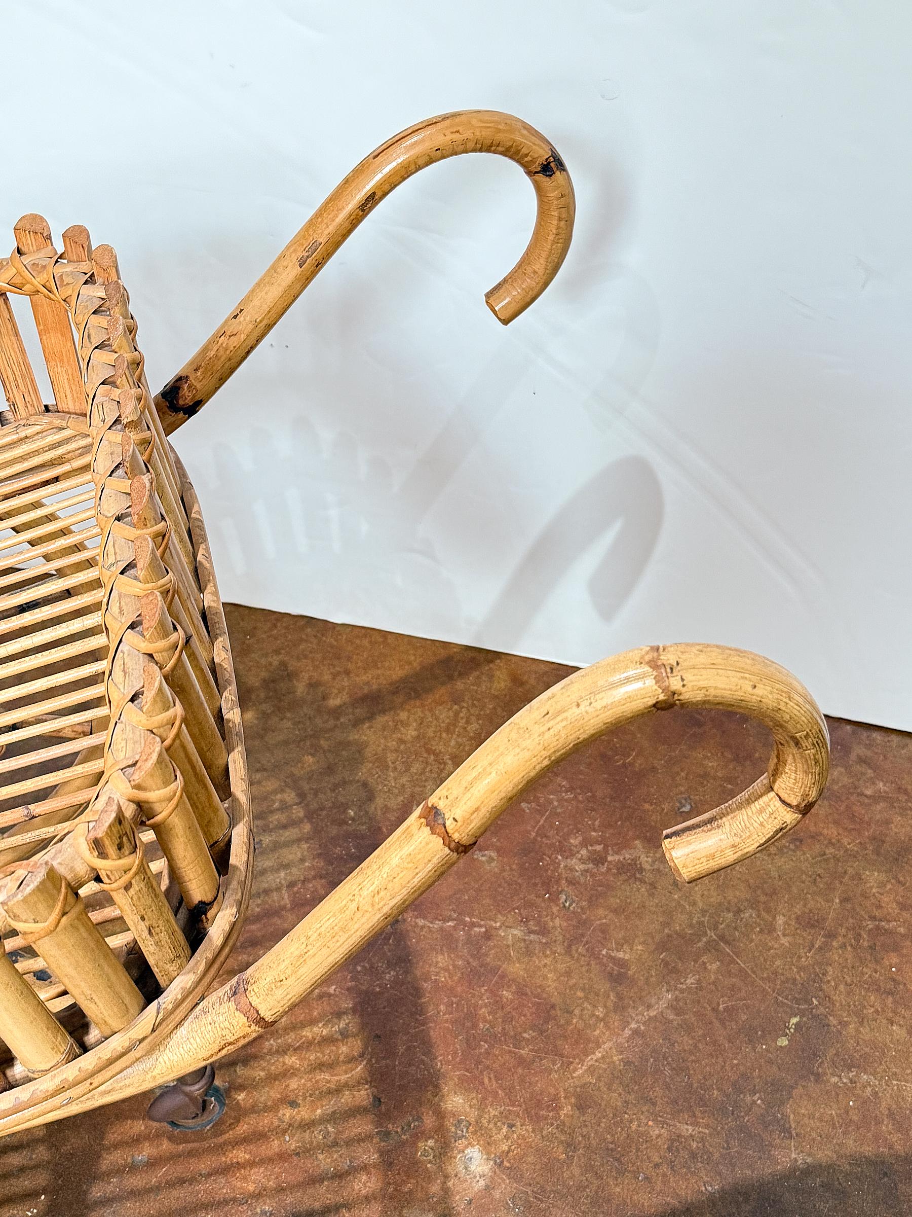 Italian Riviera-Style Bamboo and Rattan Drinks Cart or Trolley - Mid-Century Era For Sale 7