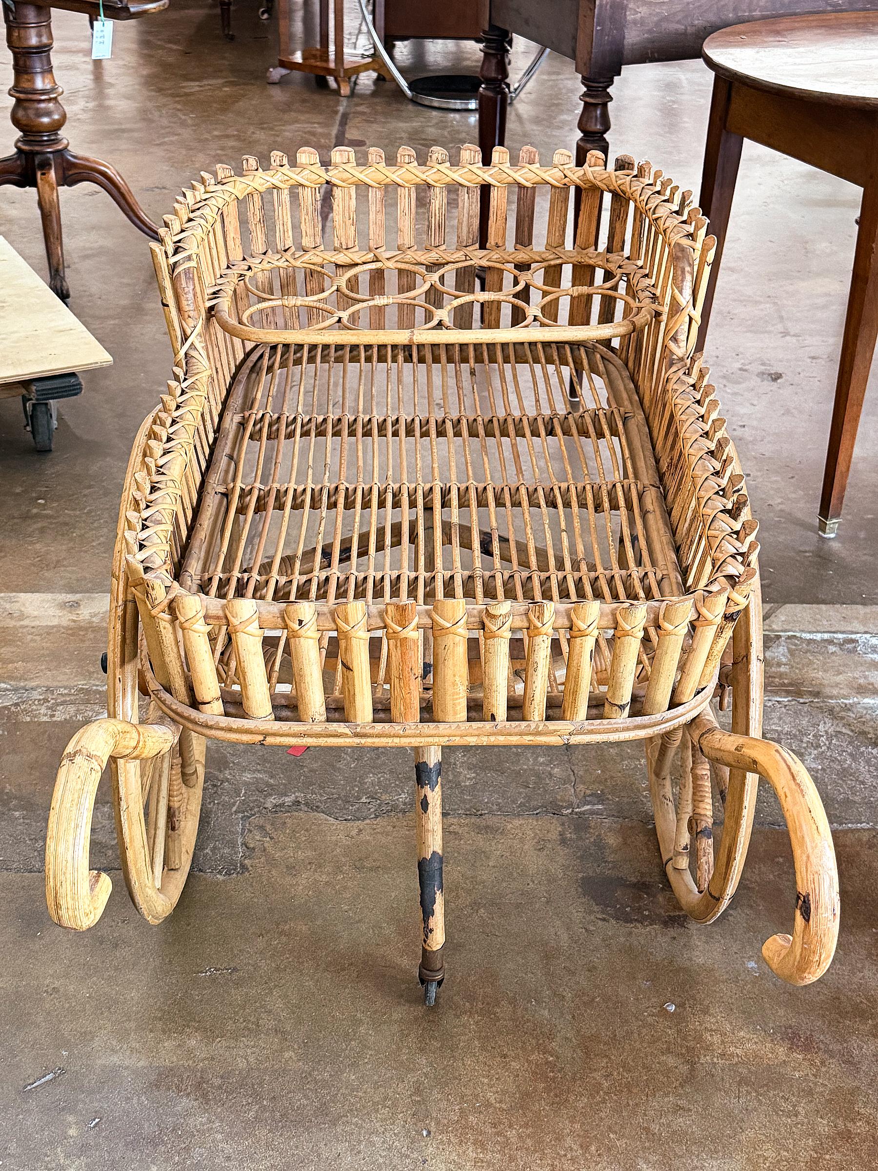 Italian Riviera-Style Bamboo and Rattan Drinks Cart or Trolley - Mid-Century Era For Sale 10