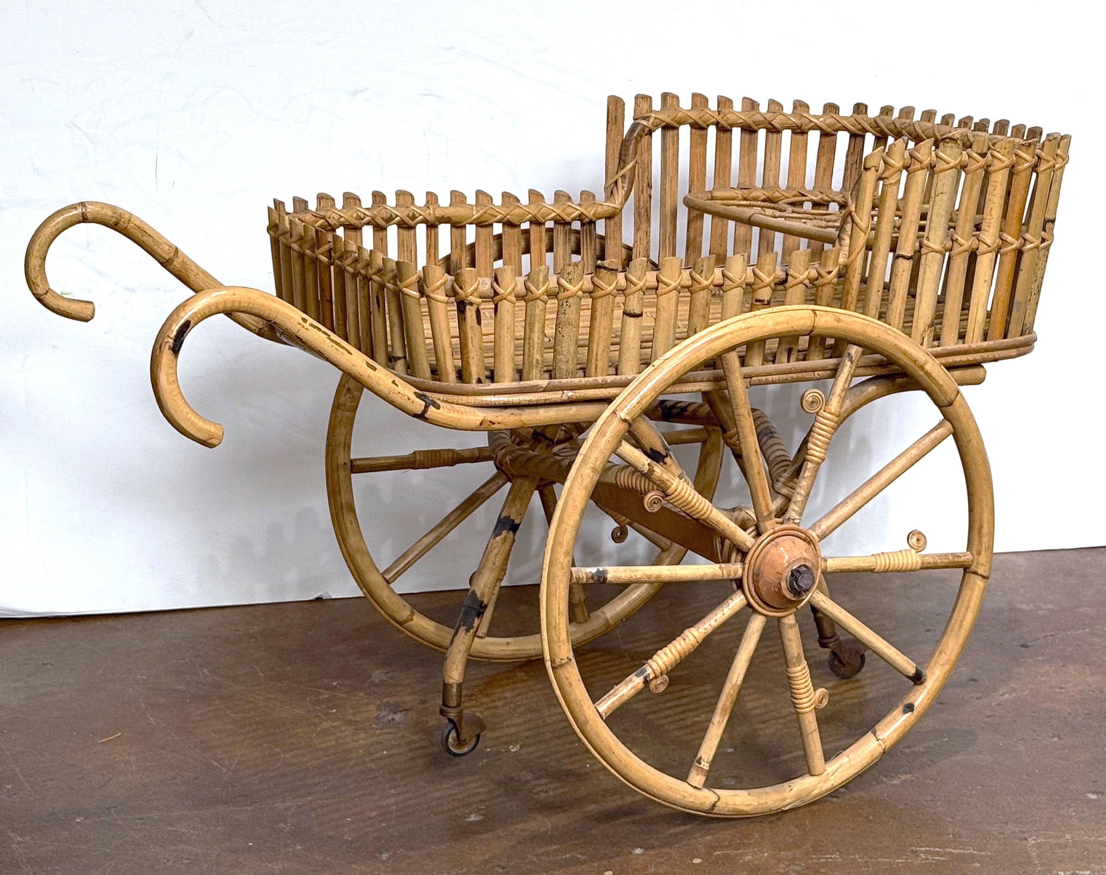 Mid-Century Modern Italian Riviera-Style Bamboo and Rattan Drinks Cart or Trolley - Mid-Century Era For Sale