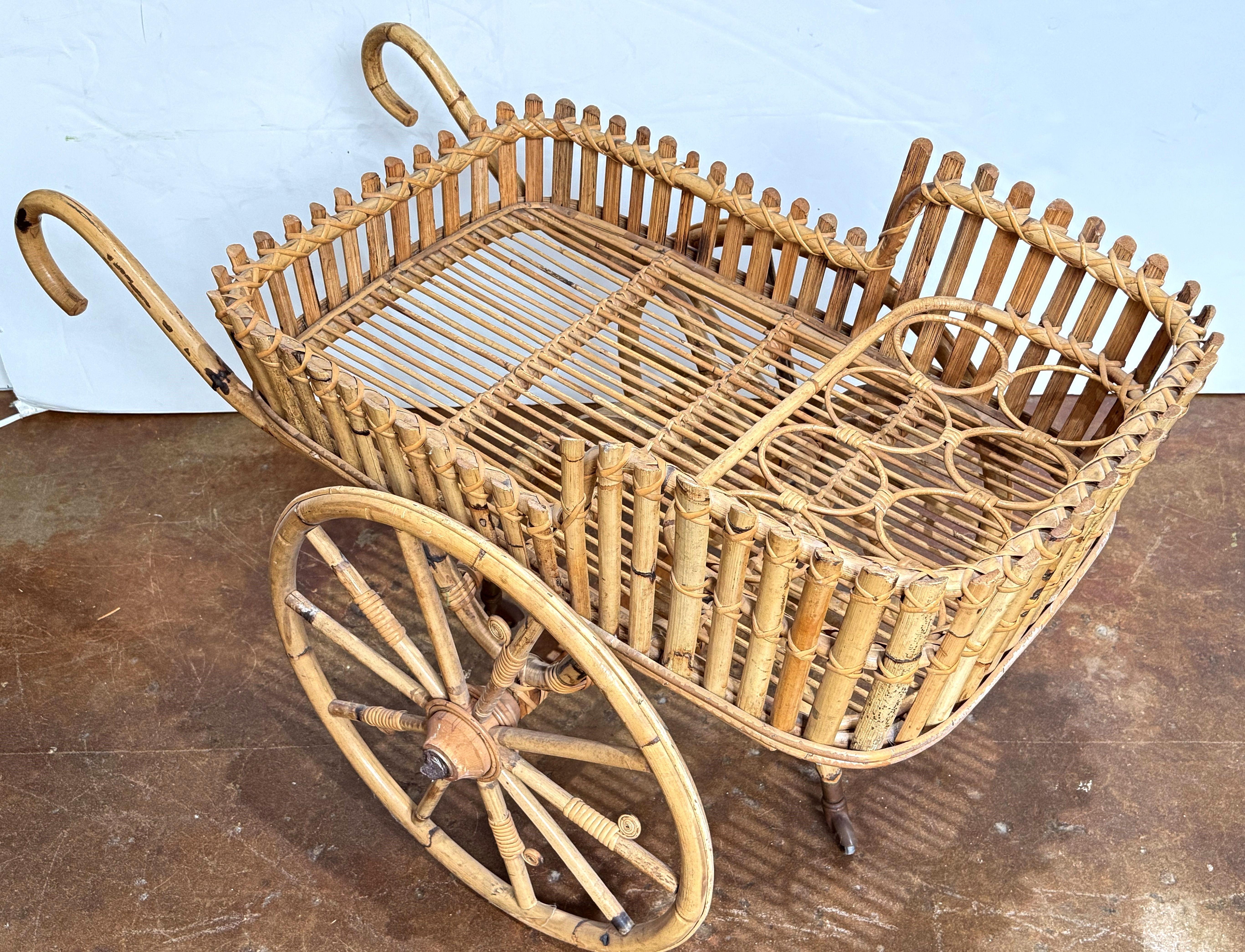 Italian Riviera-Style Bamboo and Rattan Drinks Cart or Trolley - Mid-Century Era In Good Condition For Sale In Austin, TX