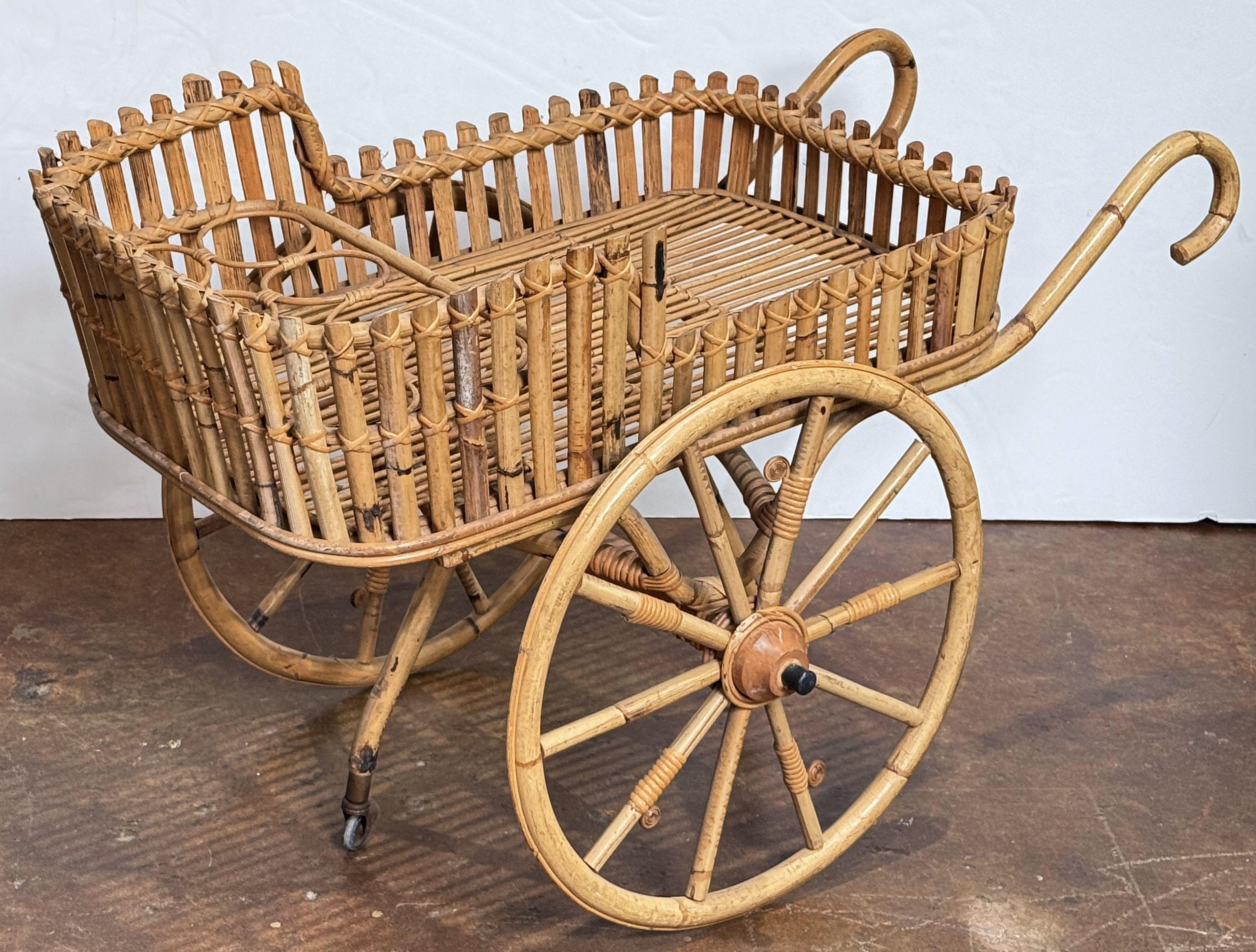 20th Century Italian Riviera-Style Bamboo and Rattan Drinks Cart or Trolley - Mid-Century Era For Sale