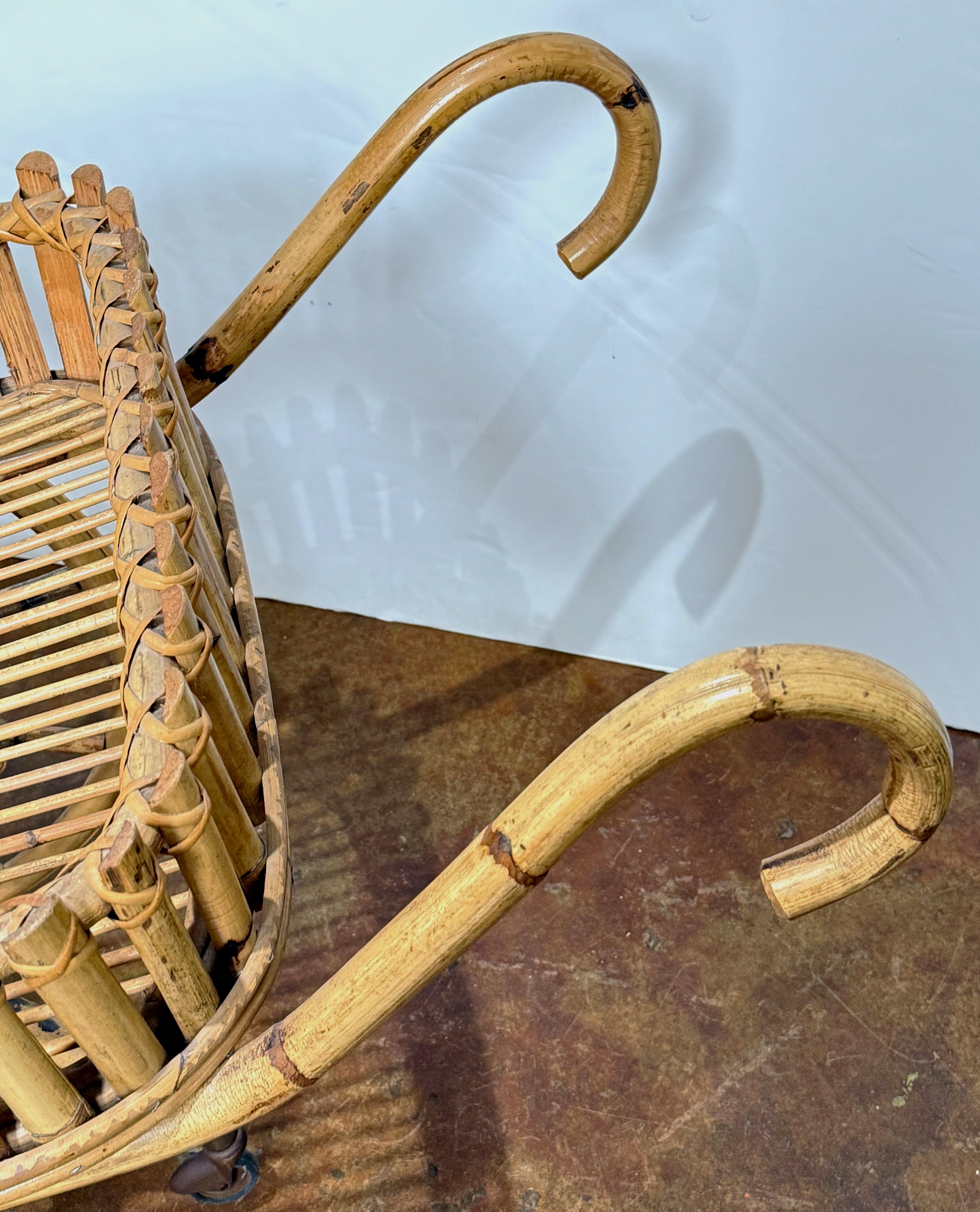 Italian Riviera-Style Bamboo and Rattan Drinks Cart or Trolley - Mid-Century Era For Sale 1