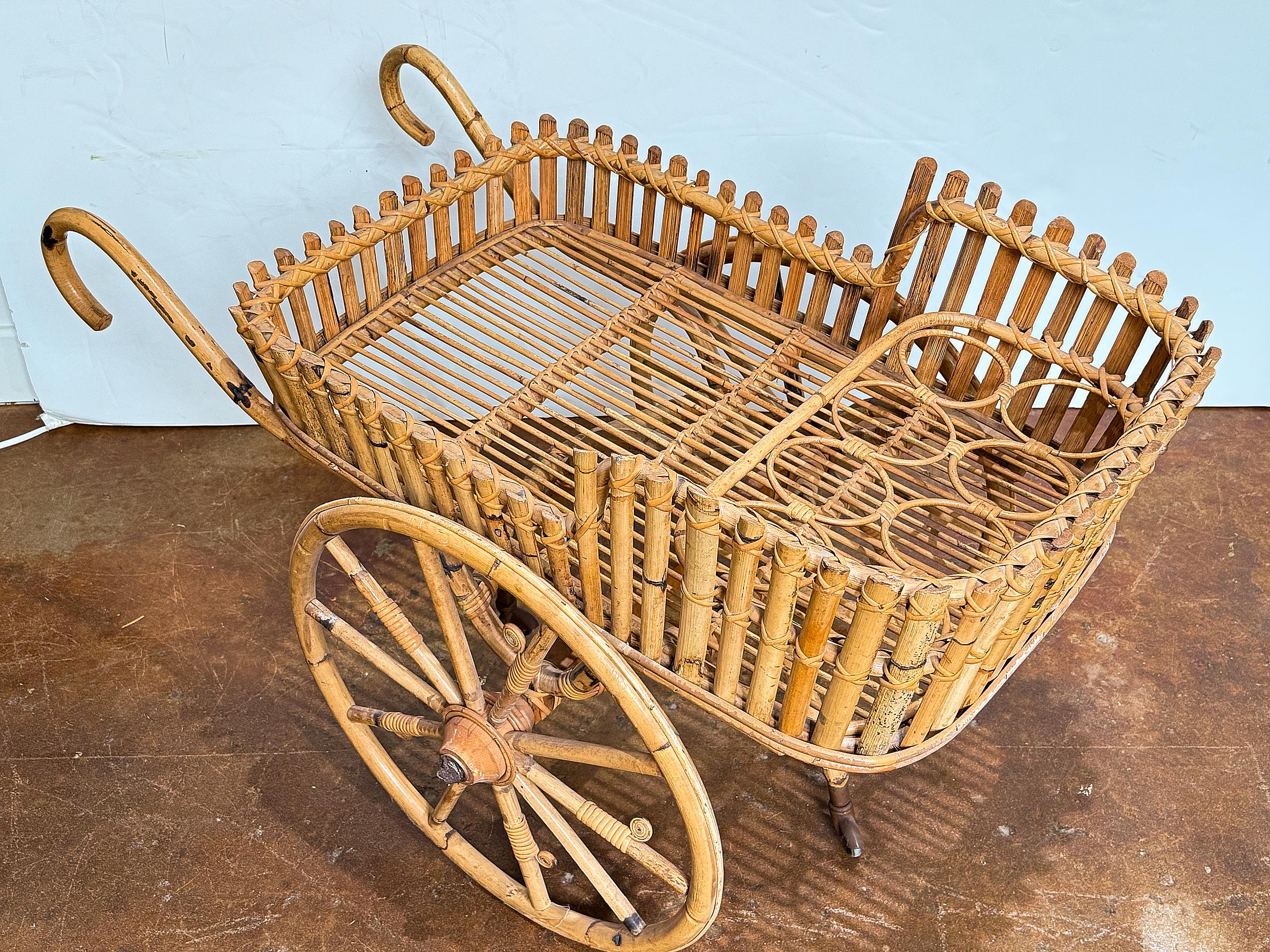 Italian Riviera-Style Bamboo and Rattan Drinks Cart or Trolley - Mid-Century Era For Sale 3