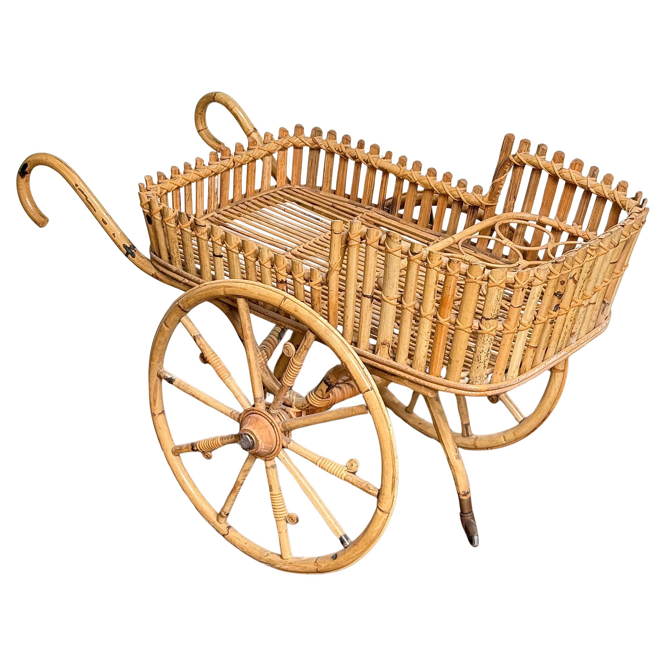 Italian Riviera-Style Bamboo and Rattan Drinks Cart or Trolley - Mid-Century Era For Sale