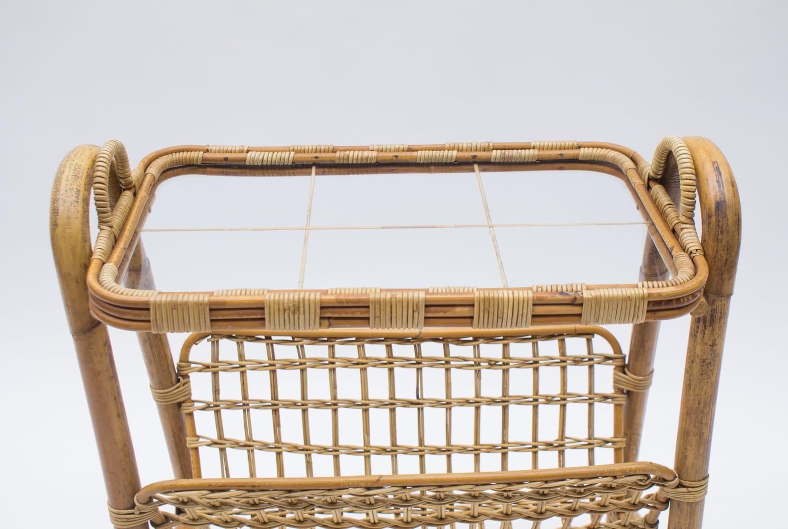 Italian Riviera Bamboo and Rattan Bar Cart Serving Trolley For Sale 3