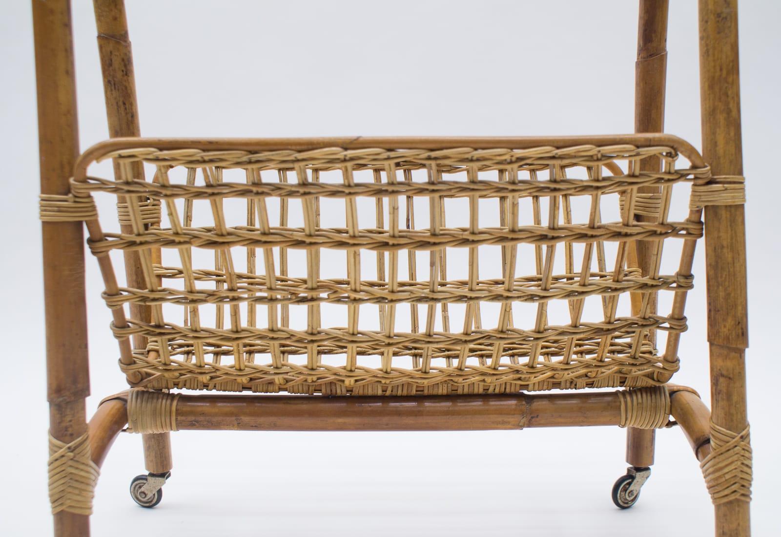 Italian Riviera Bamboo and Rattan Bar Cart Serving Trolley For Sale 4