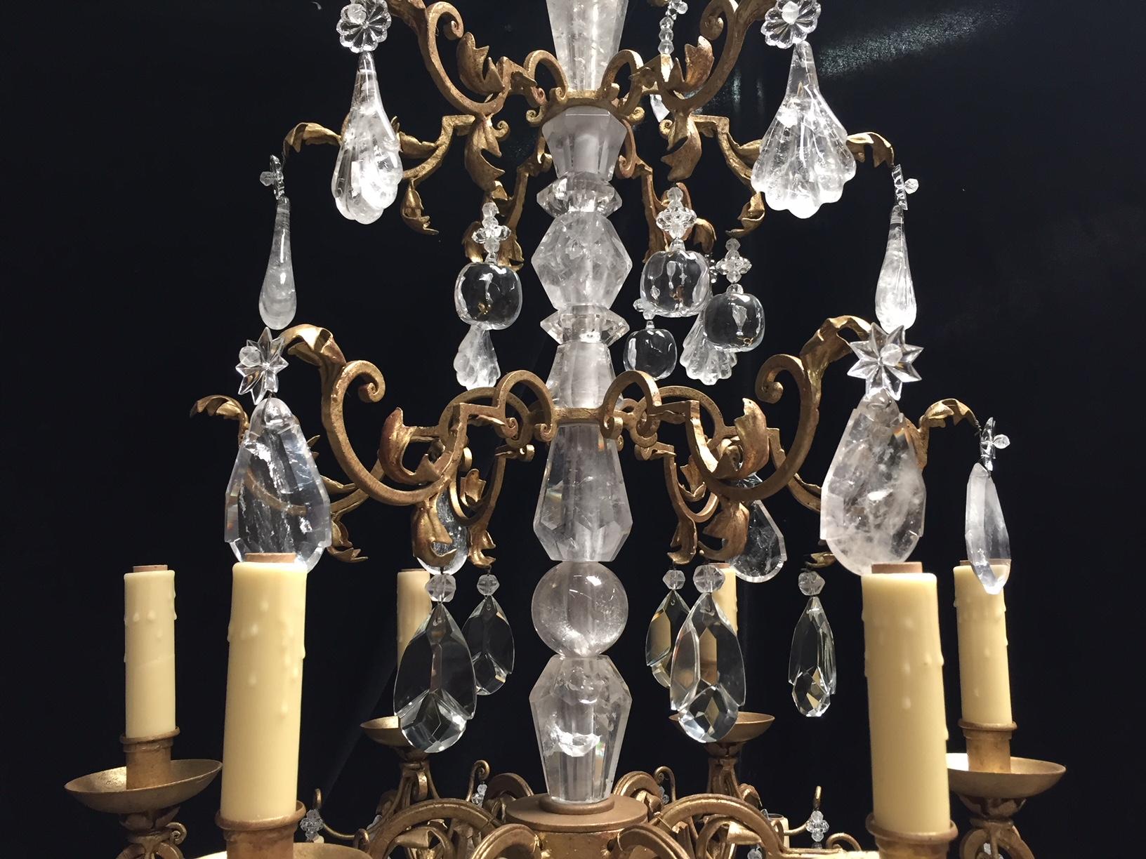 American Italian Rock Crystal  Gold Leafed Twelve-Light Chandelier For Sale
