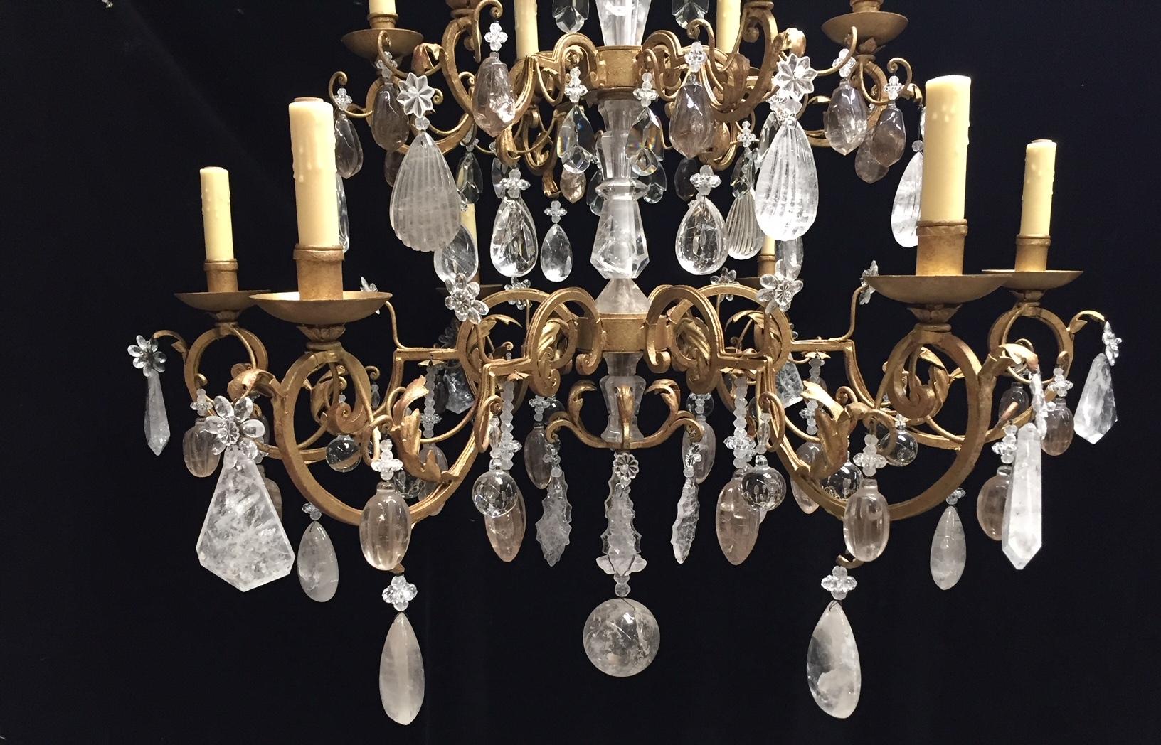 Hand-Carved Italian Rock Crystal  Gold Leafed Twelve-Light Chandelier For Sale