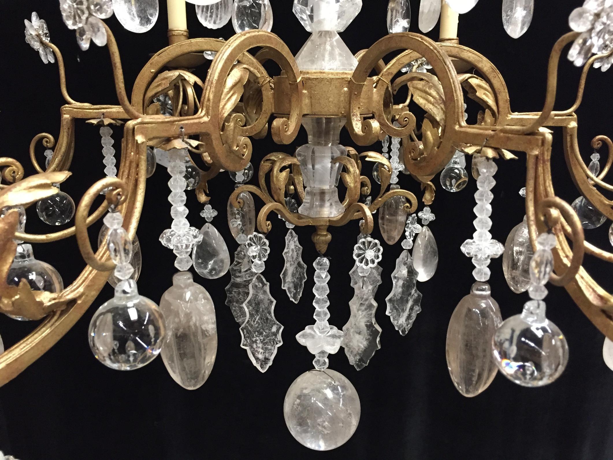 Italian Rock Crystal  Gold Leafed Twelve-Light Chandelier In Excellent Condition For Sale In Cypress, CA