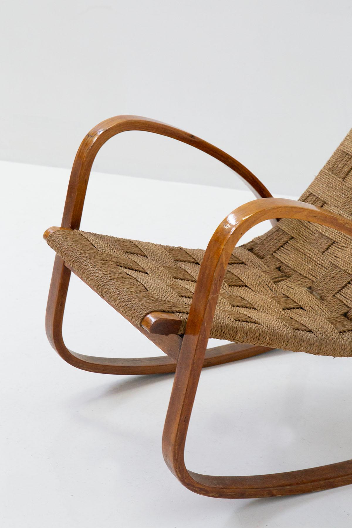 Bauhaus Italian Rocking Armchair from the Rationalist Period, in of Rope