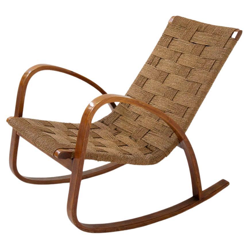 Italian Rocking Armchair from the Rationalist Period, in of Rope