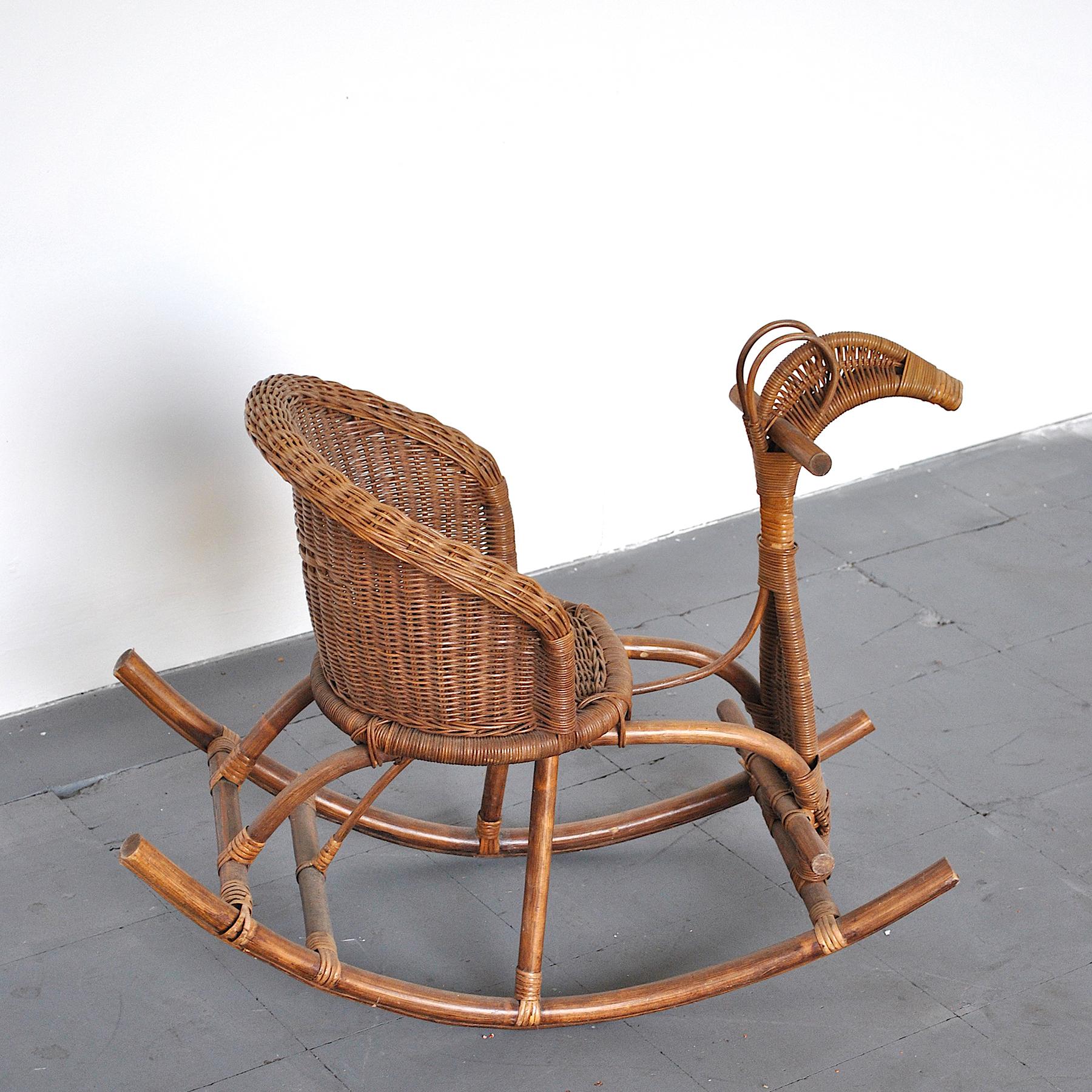 Mid-Century Modern Italian Rocking Chair in Rattan For Sale