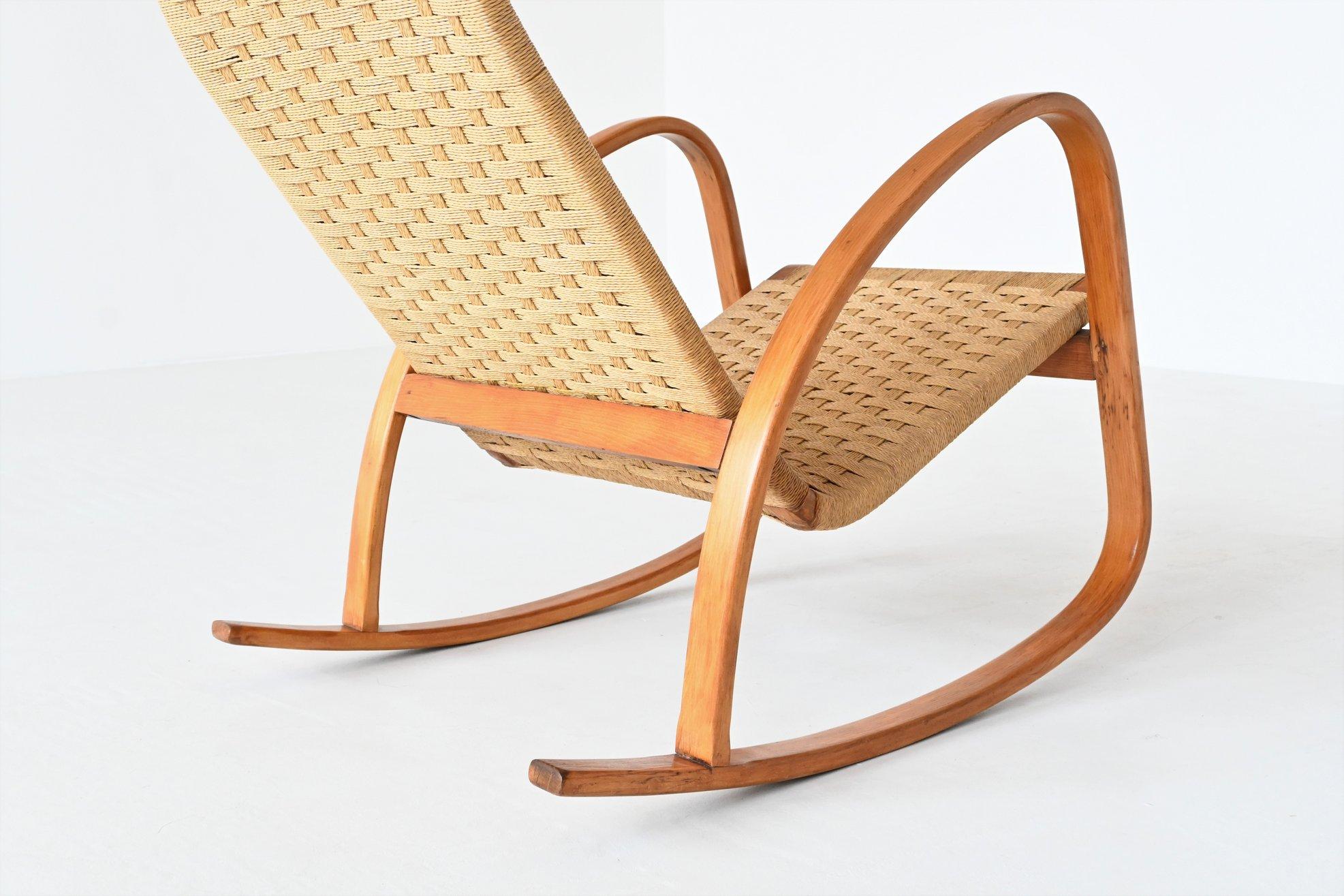 Italian Rocking Chair Paper Cord and Birch Plywood Italy 1960 3