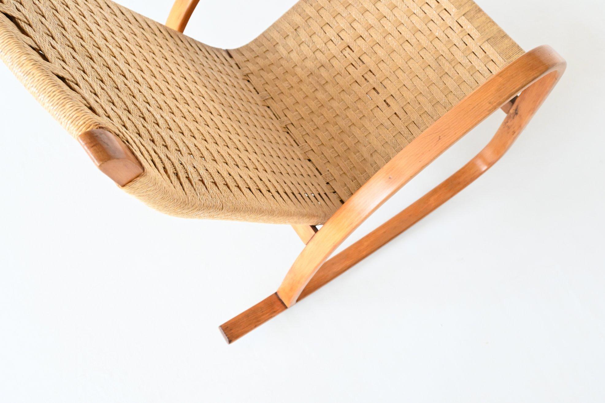 Italian Rocking Chair Paper Cord and Birch Plywood Italy 1960 4
