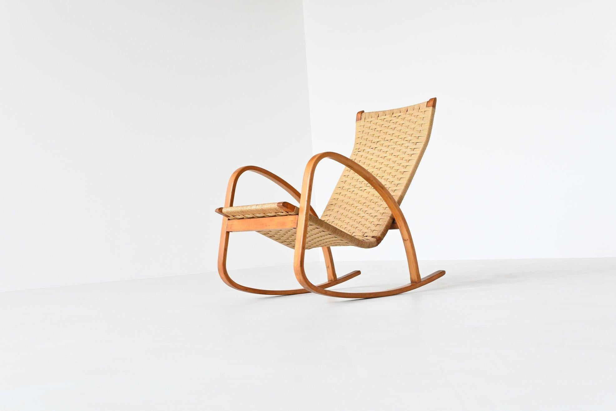 Italian Rocking Chair Paper Cord and Birch Plywood Italy 1960 10
