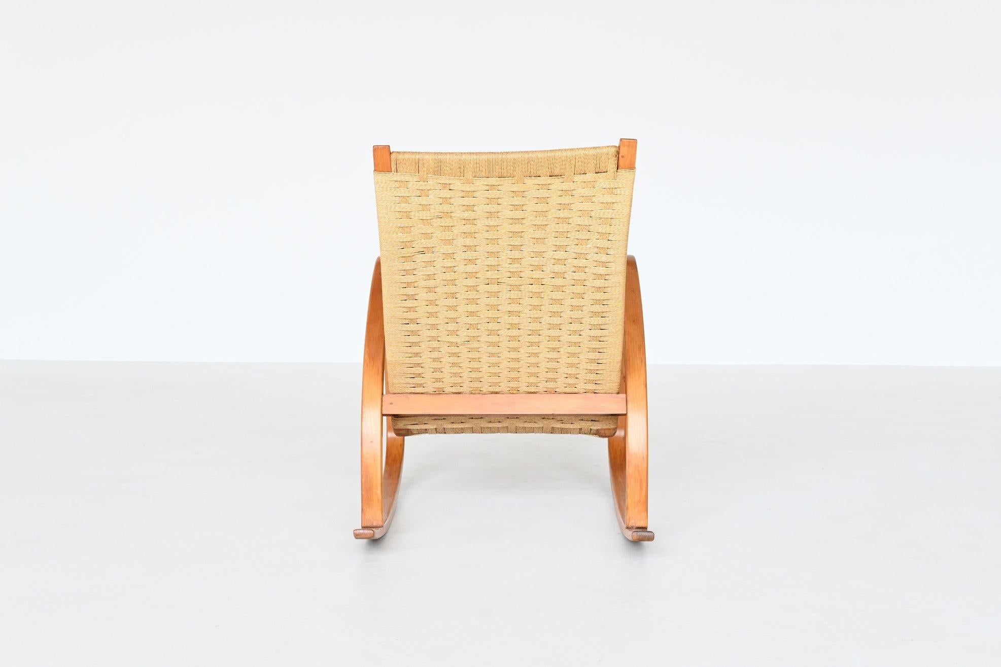 Italian Rocking Chair Paper Cord and Birch Plywood Italy 1960 11