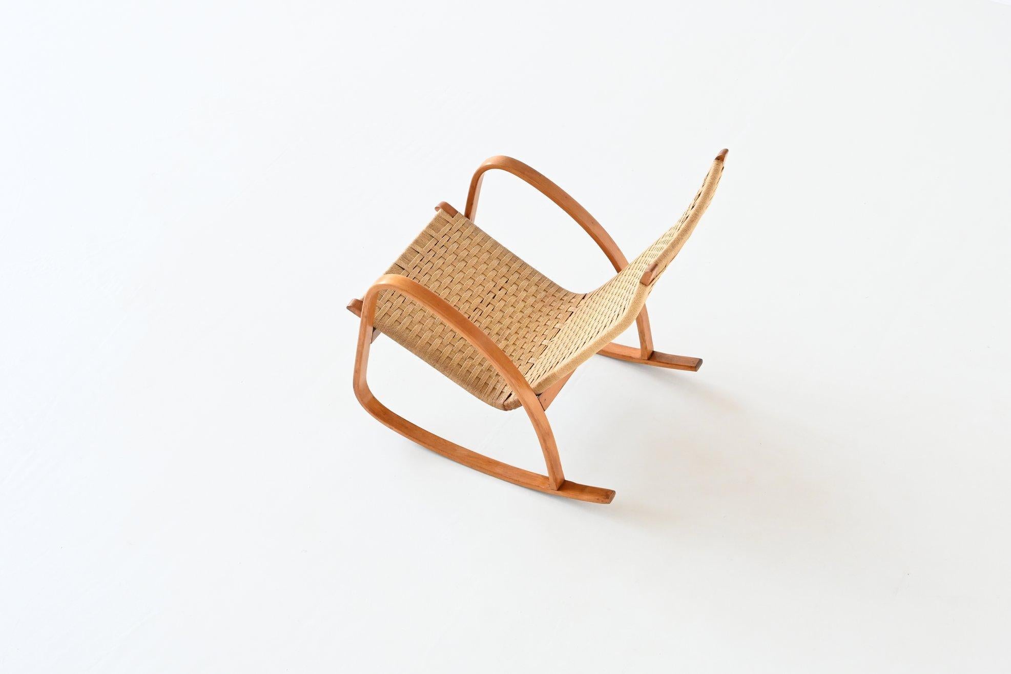 Italian Rocking Chair Paper Cord and Birch Plywood Italy 1960 12