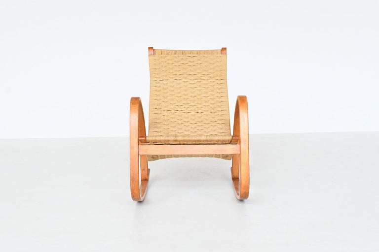 Italian Rocking Chair Paper Cord and Birch Plywood Italy 1960 at 1stDibs