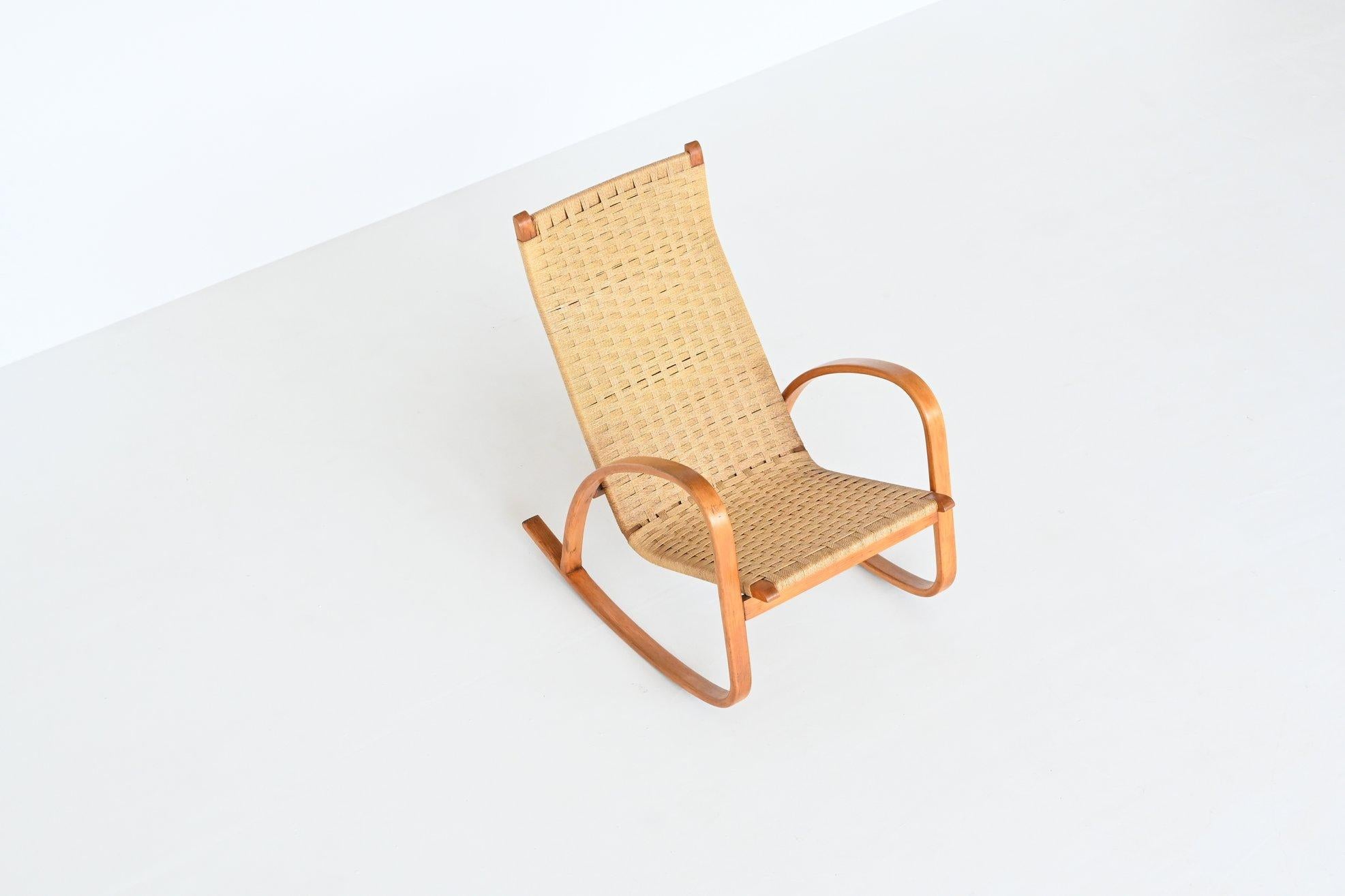 Italian Rocking Chair Paper Cord and Birch Plywood Italy 1960 13