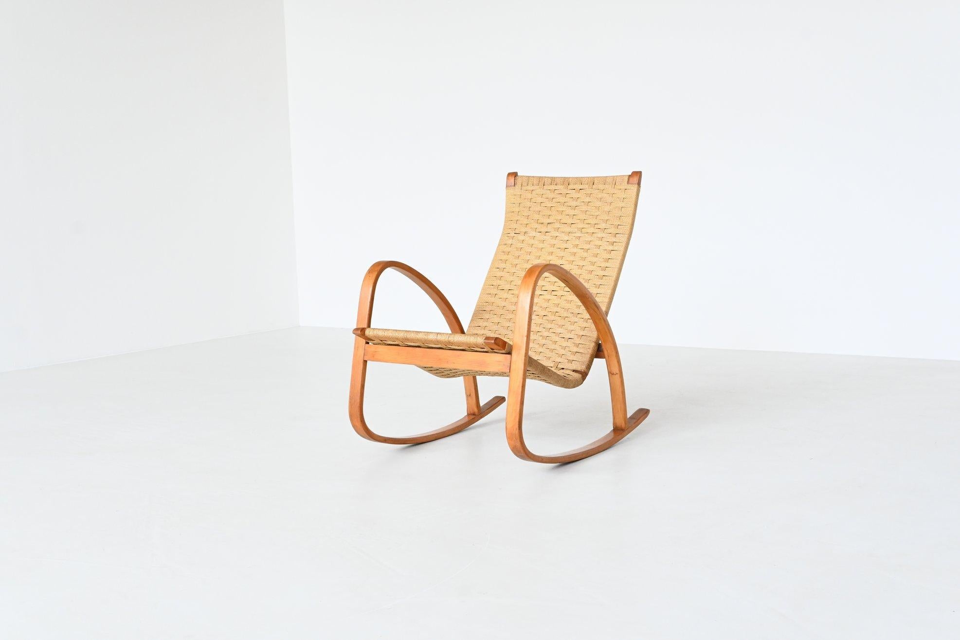 Italian Rocking Chair Paper Cord and Birch Plywood Italy 1960 In Good Condition In Etten-Leur, NL
