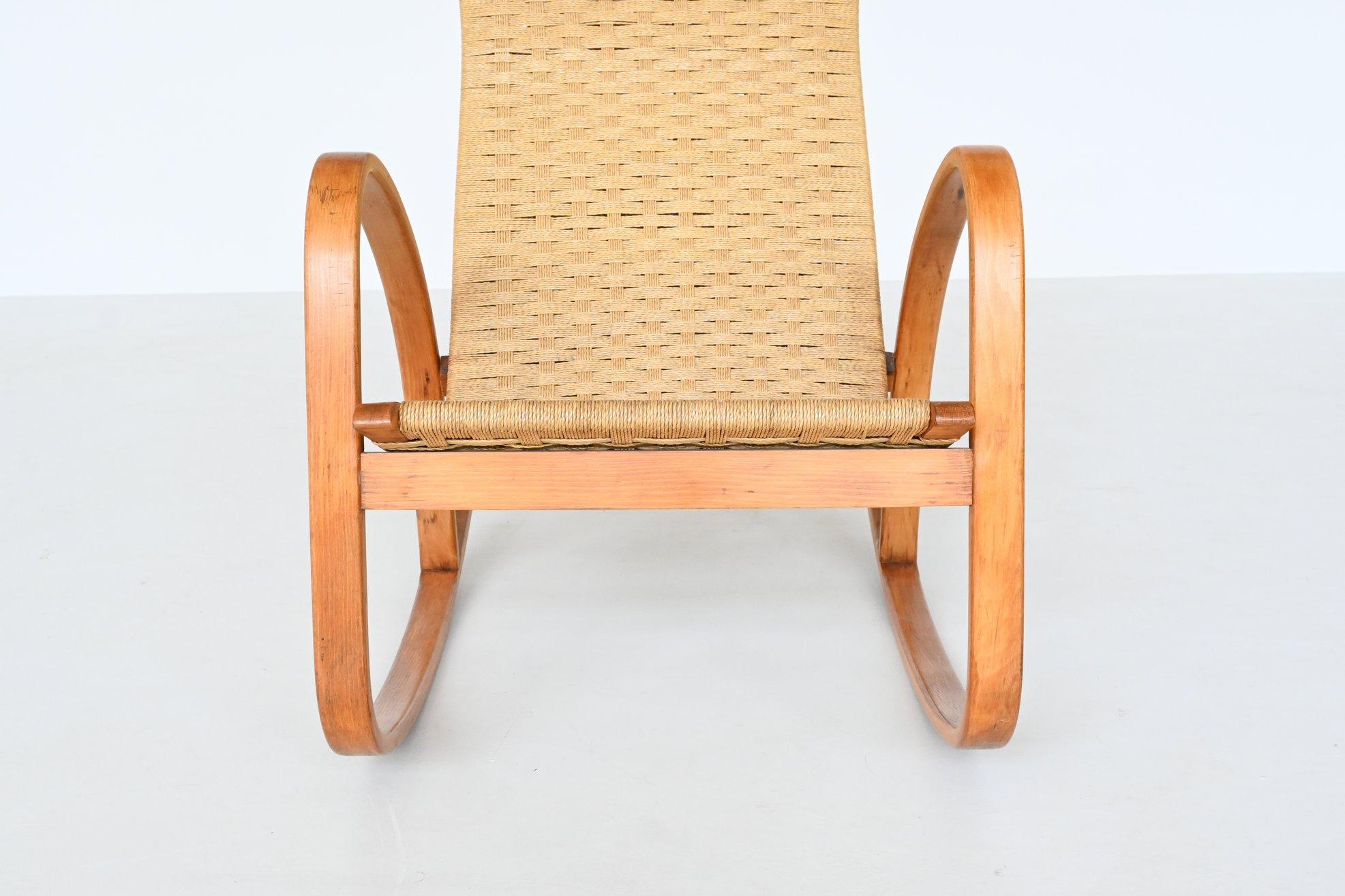 Mid-20th Century Italian Rocking Chair Paper Cord and Birch Plywood Italy 1960