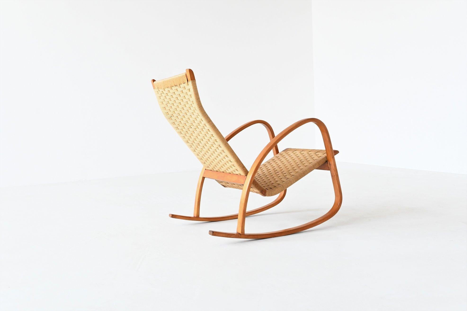 Italian Rocking Chair Paper Cord and Birch Plywood Italy 1960 2
