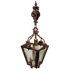Italian Rococco Style Brass Lantern Hanging Wall Sconce w/ Etched Glass Panels