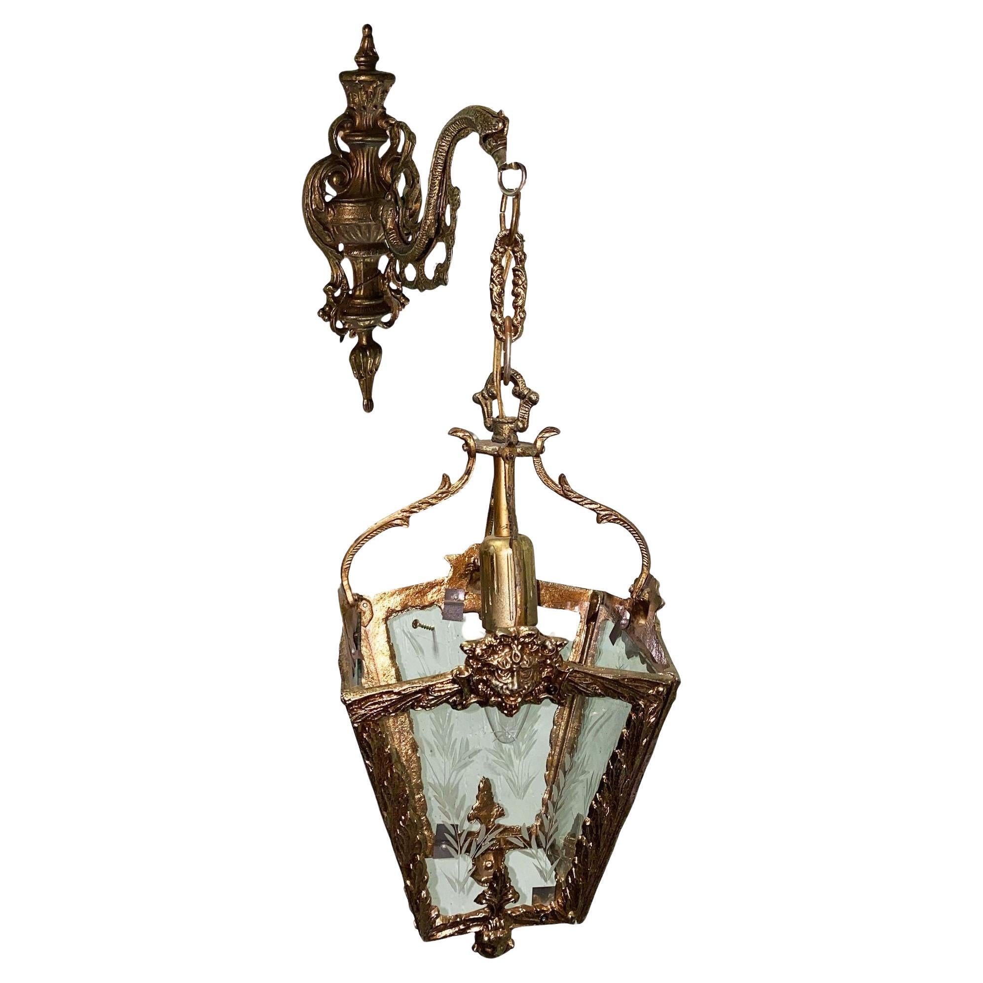 Italian Rococco Style Brass Lantern Hanging Wall Sconce w/ Etched Glass Panels