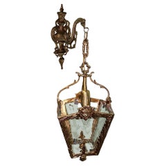 Italian Rococco Style Brass Lantern Hanging Wall Sconce w/ Etched Glass Panels