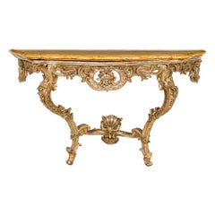 Console rococò italiana del XVIII secolo con piano in argento dorato e marmo