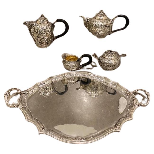 Italian Rococo 800-Silver Four Piece Tea Coffee Service & Tray  For Sale 9