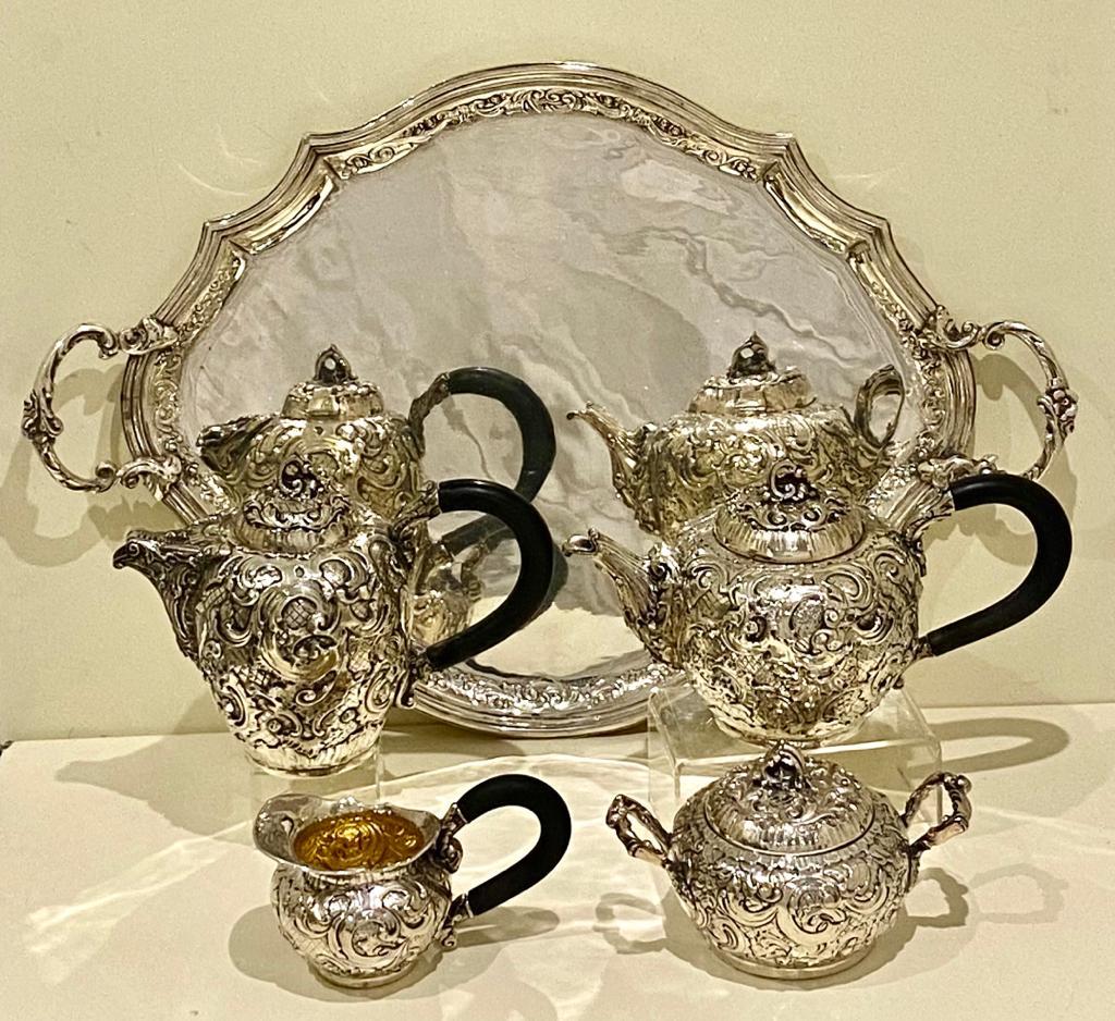 Italian Rococo 800-Silver Four Piece Tea Coffee Service & Tray  For Sale 12