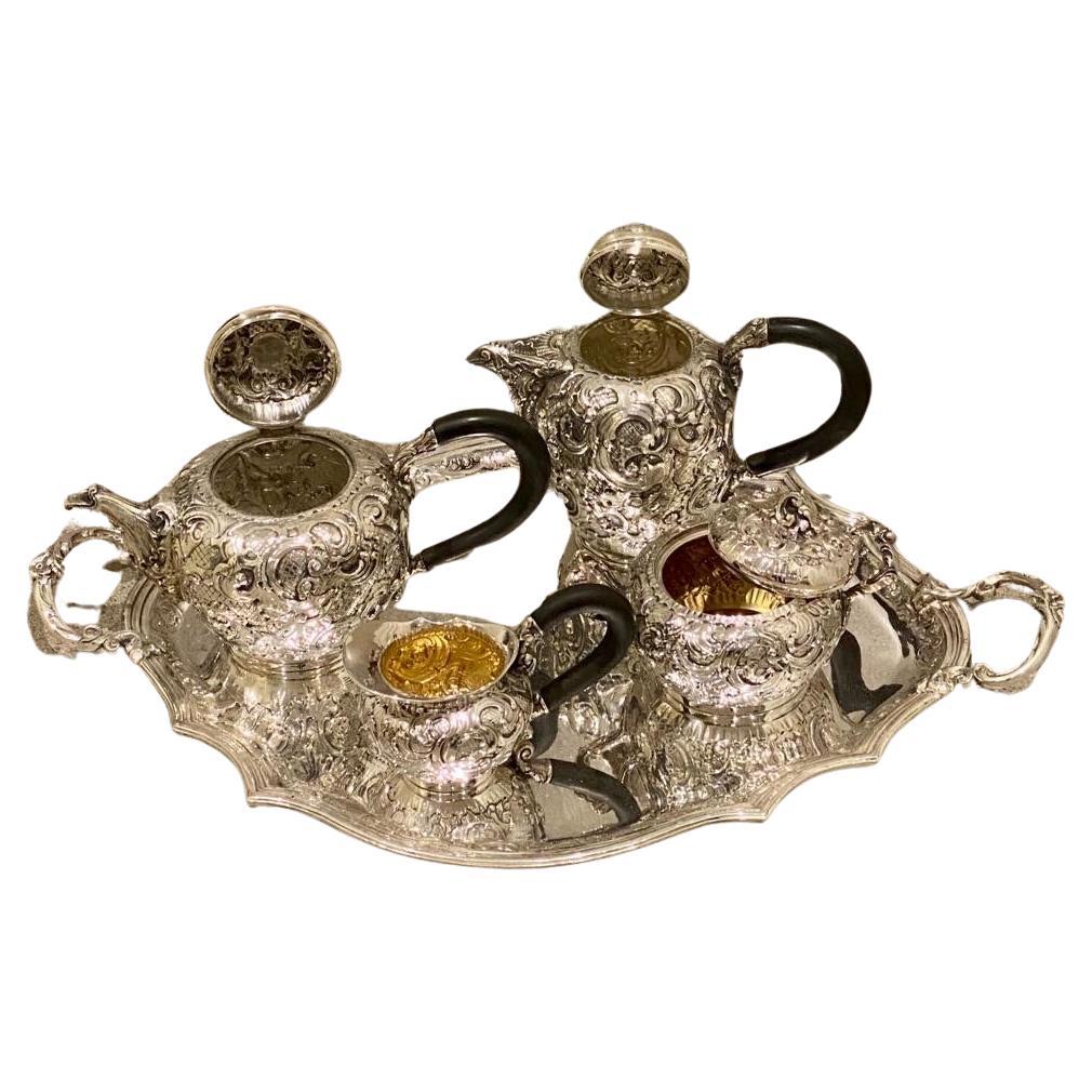 Italian Rococo 800-Silver Four Piece Tea Coffee Service & Tray  For Sale 1