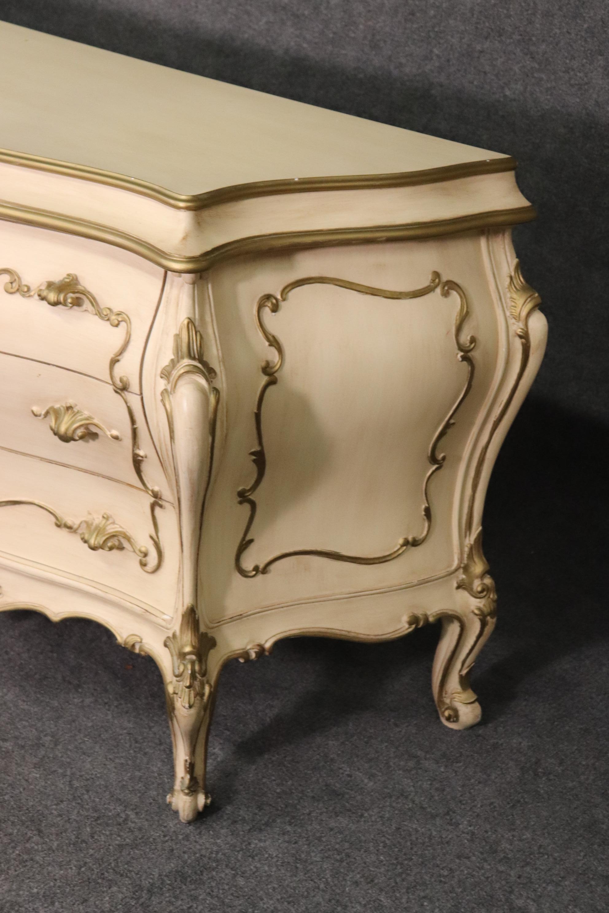 Italian Rococo Bombe White and Gold Painted Triple Dresser circa 1950 2