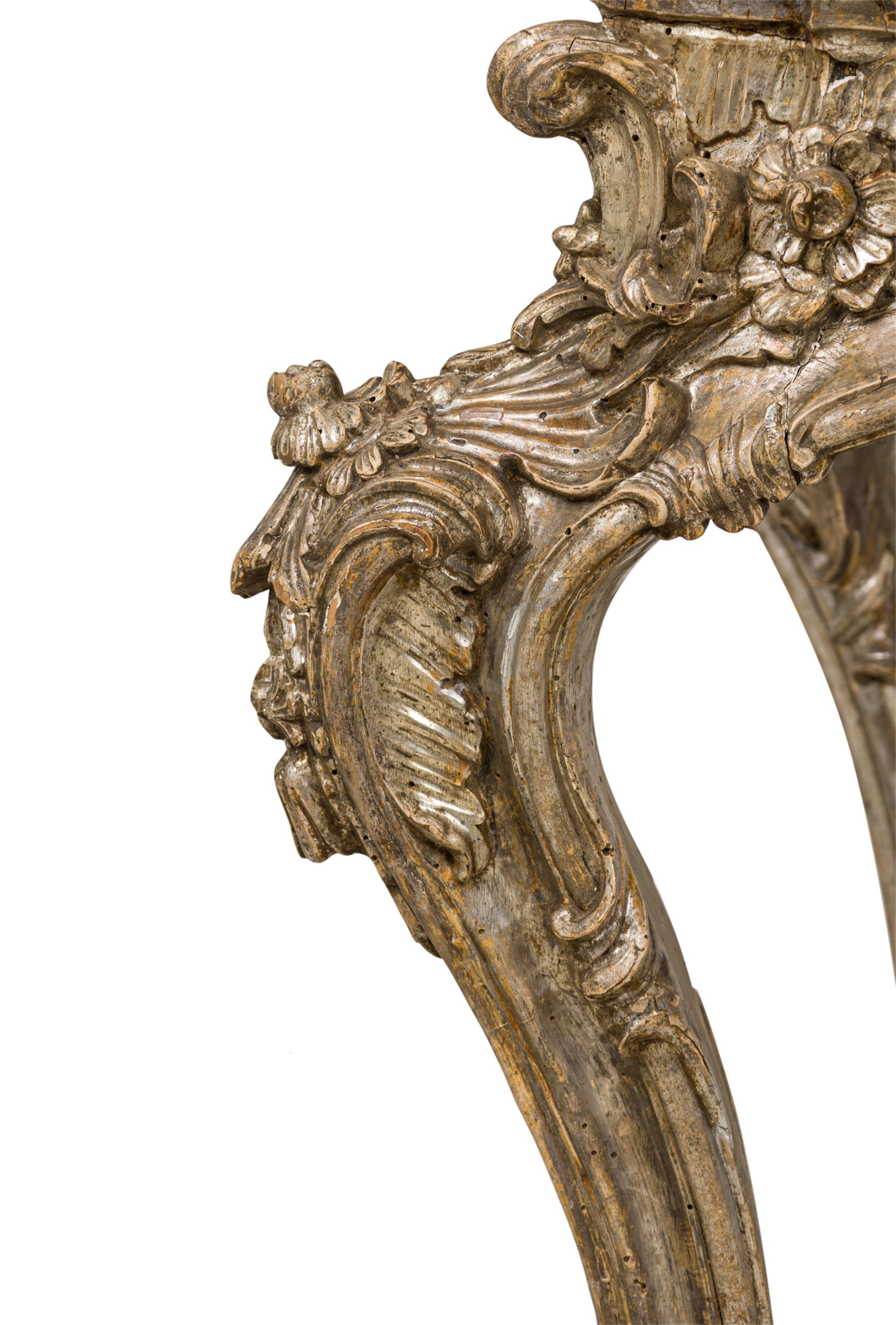 Italian Rococo Carved Silver Gilt and Blush and Green Marble Top Console Table For Sale 7