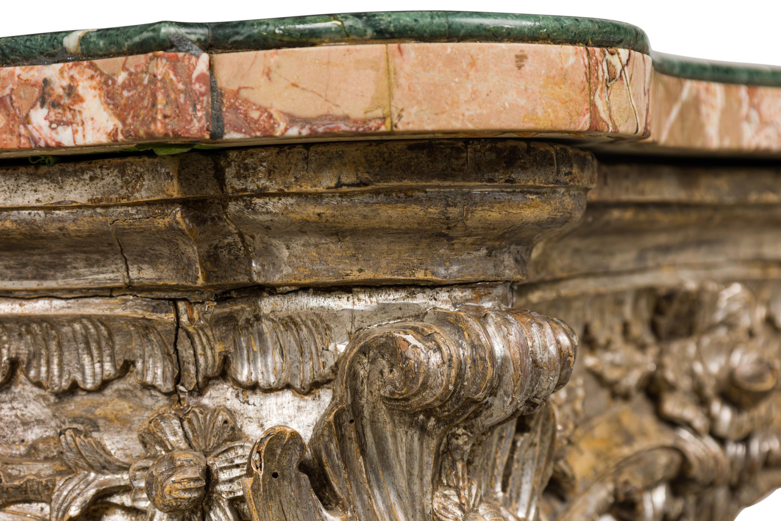Italian Rococo Carved Silver Gilt and Blush and Green Marble Top Console Table For Sale 9