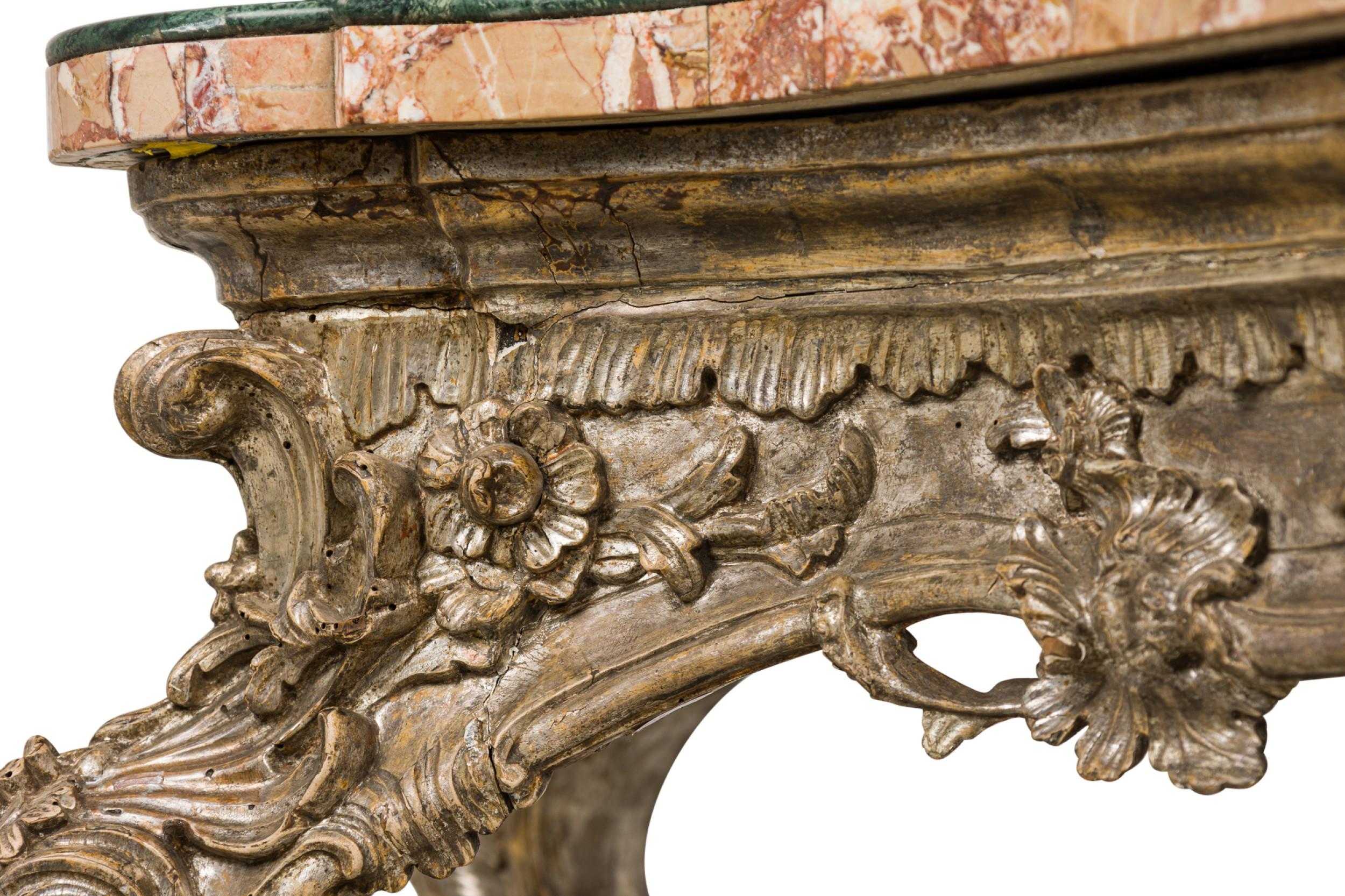 Italian Rococo Carved Silver Gilt and Blush and Green Marble Top Console Table For Sale 10