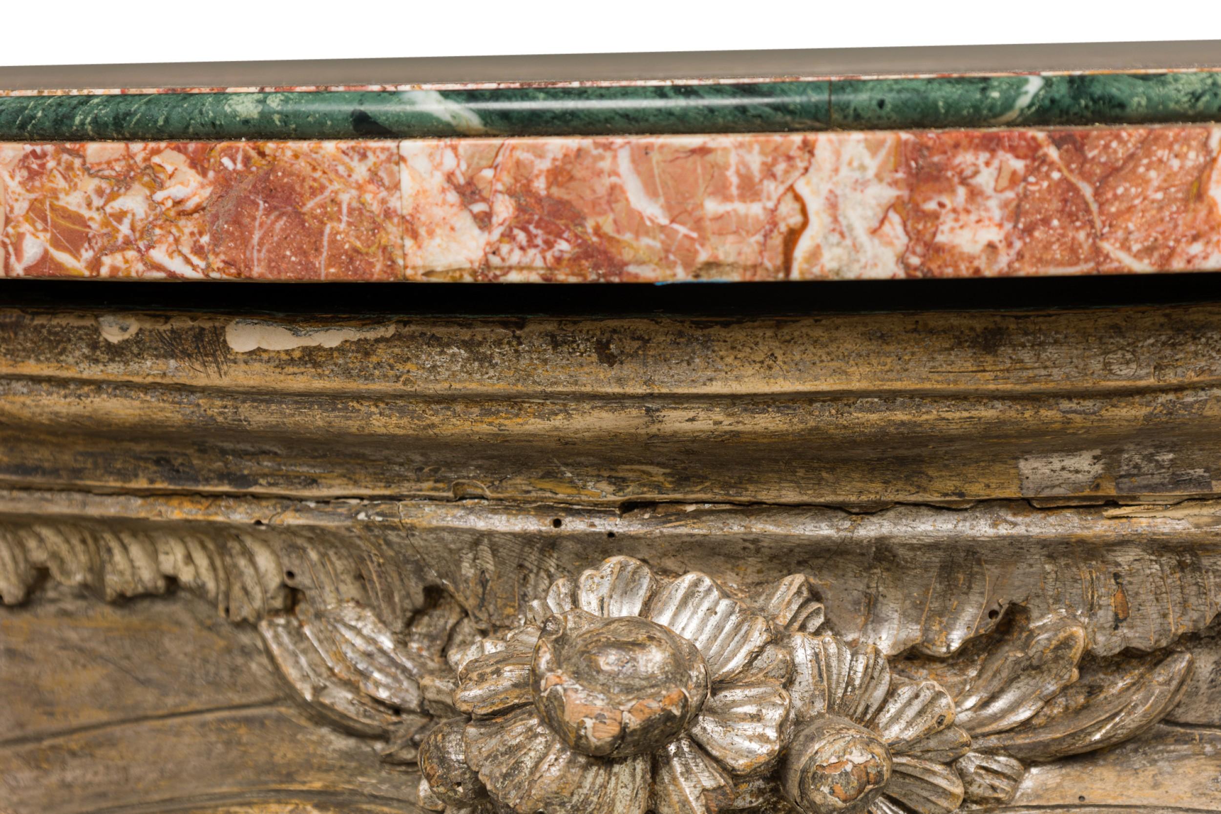 Italian Rococo Carved Silver Gilt and Blush and Green Marble Top Console Table For Sale 12