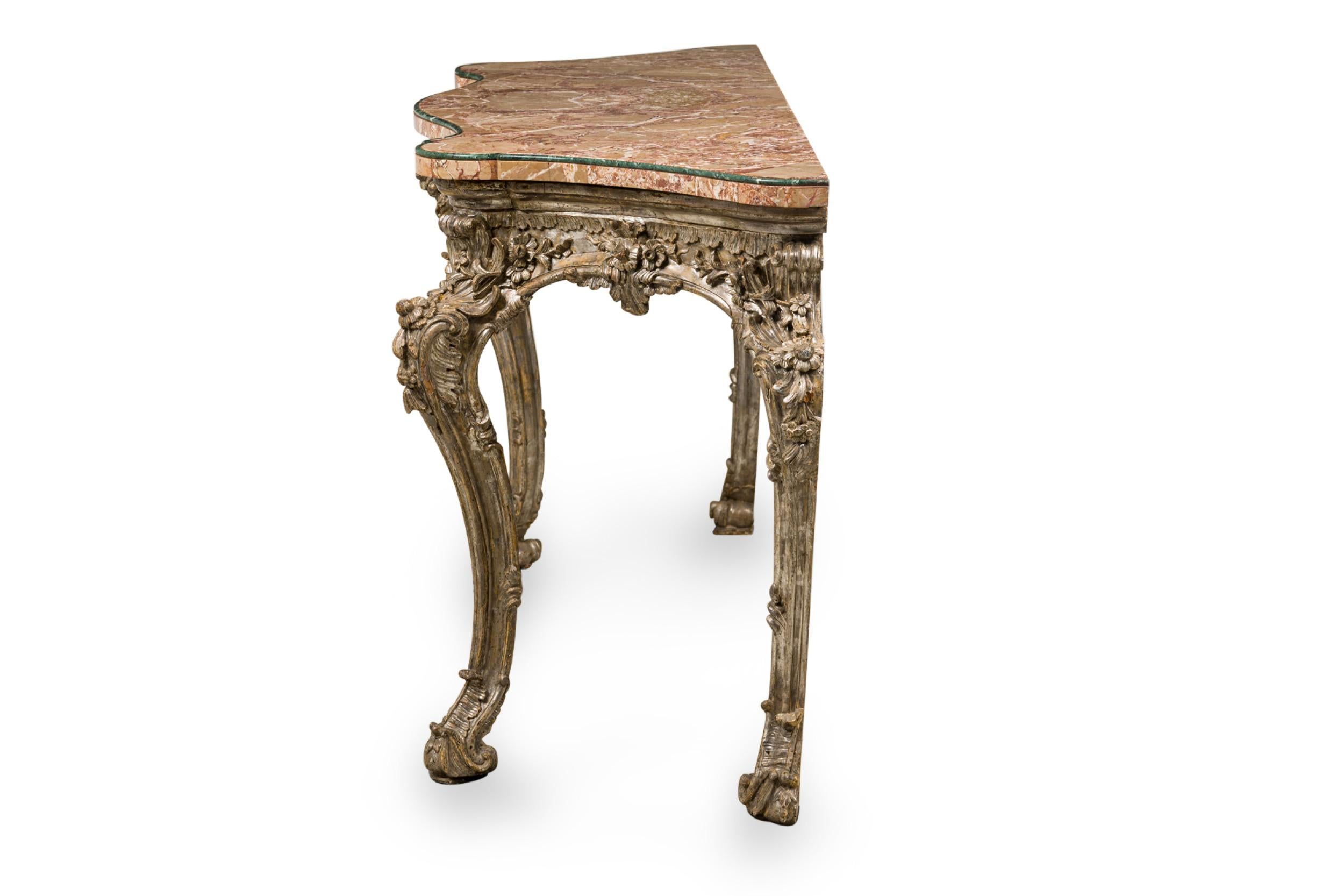 Italian Rococo Carved Silver Gilt and Blush and Green Marble Top Console Table In Good Condition For Sale In Queens, NY