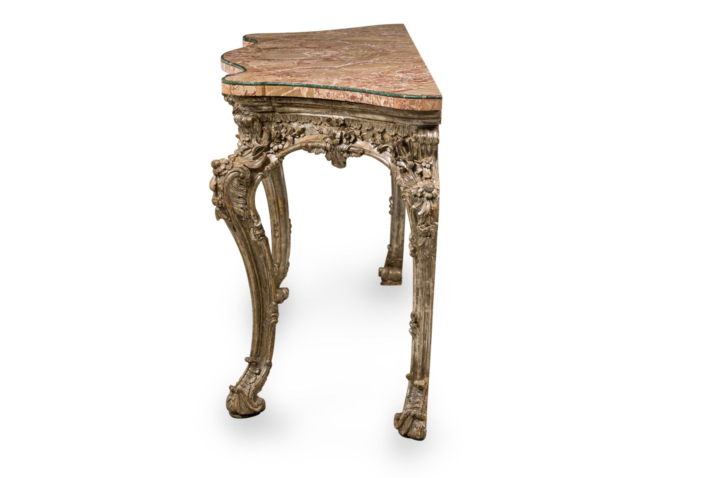 Italian Rococo Carved Silver Gilt and Blush and Green Marble Top Console Table In Good Condition For Sale In New York, NY