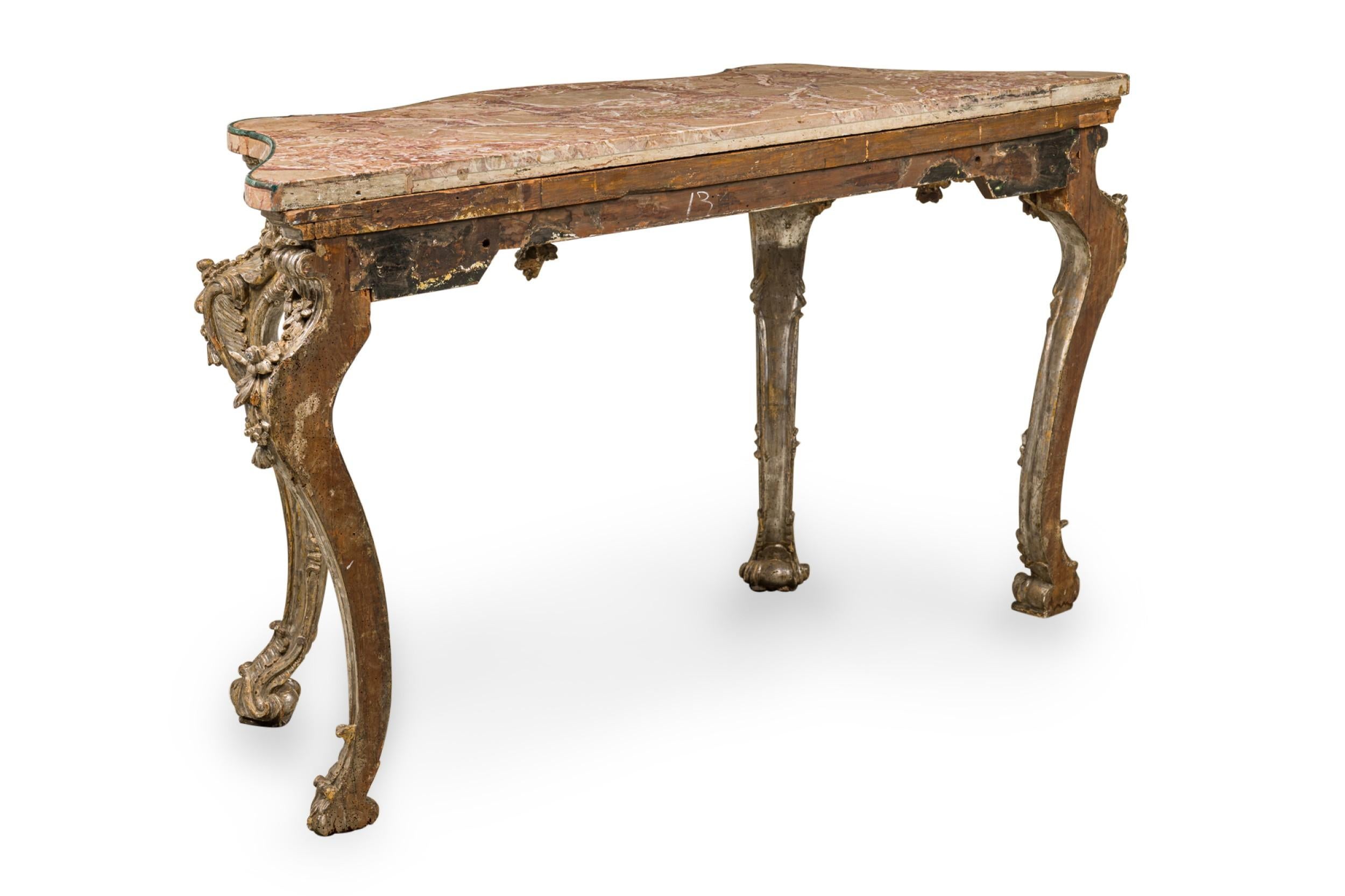 20th Century Italian Rococo Carved Silver Gilt and Blush and Green Marble Top Console Table For Sale